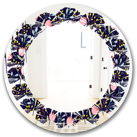 Handdrawn Pink Flowers - Modern Round or Oval Wall Mirror - Leaves