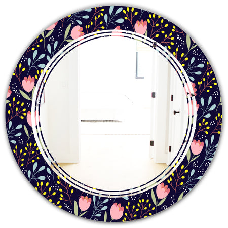 Handdrawn Pink Flowers - Modern Round or Oval Wall Mirror - Triple C