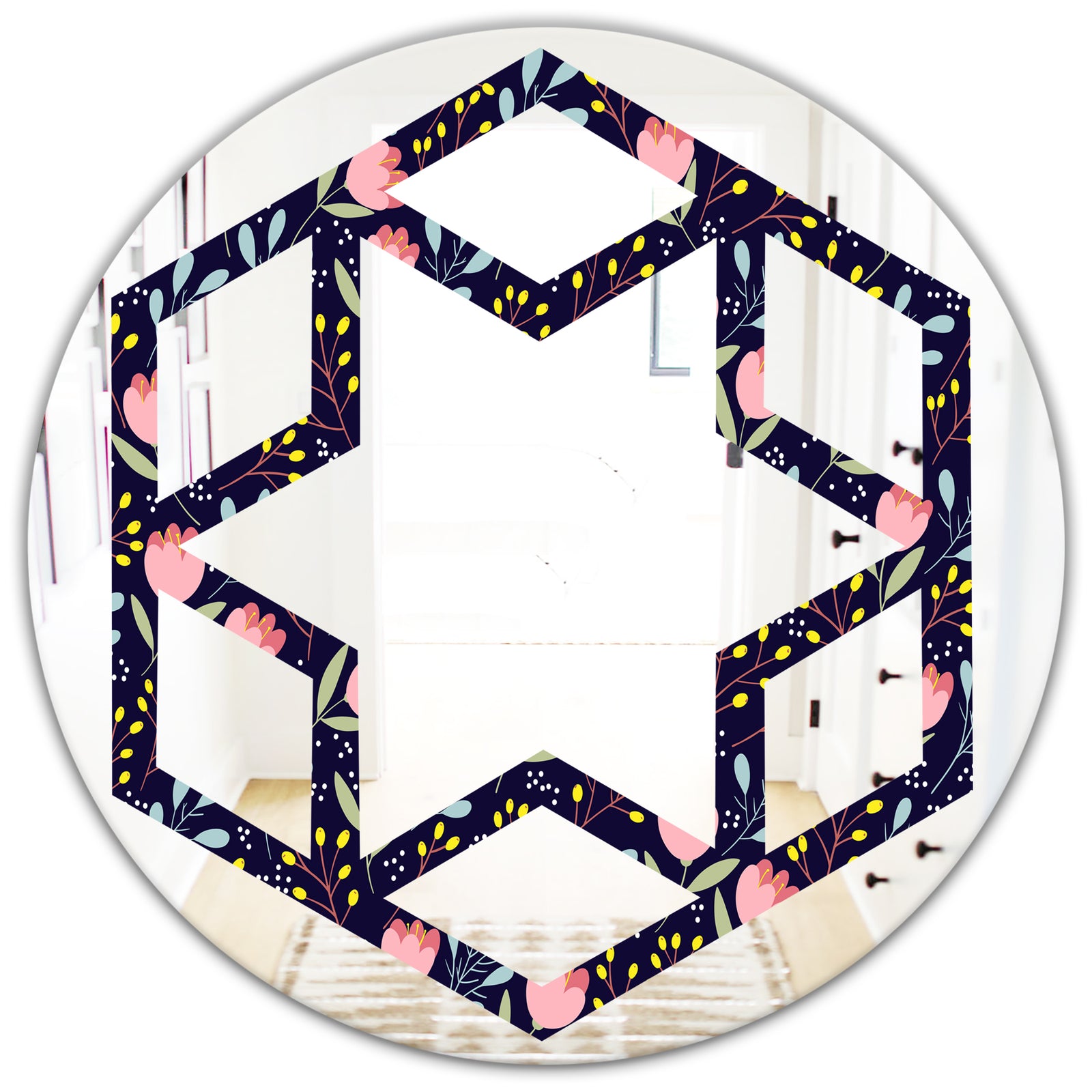 Handdrawn Pink Flowers - Modern Round or Oval Wall Mirror - Hexagon Star