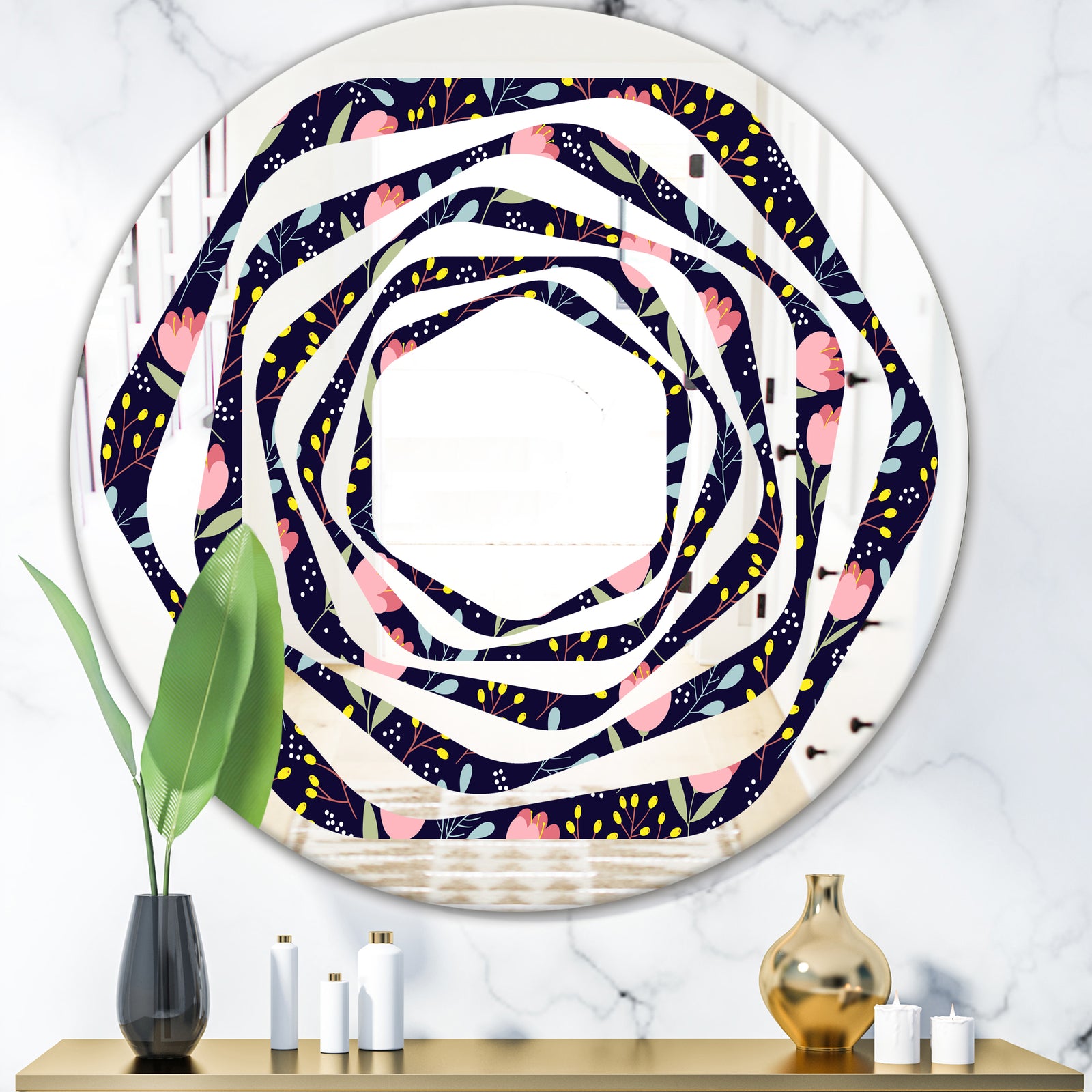 Handdrawn Pink Flowers - Modern Round or Oval Wall Mirror - Whirl