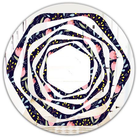Handdrawn Pink Flowers - Modern Round or Oval Wall Mirror - Whirl