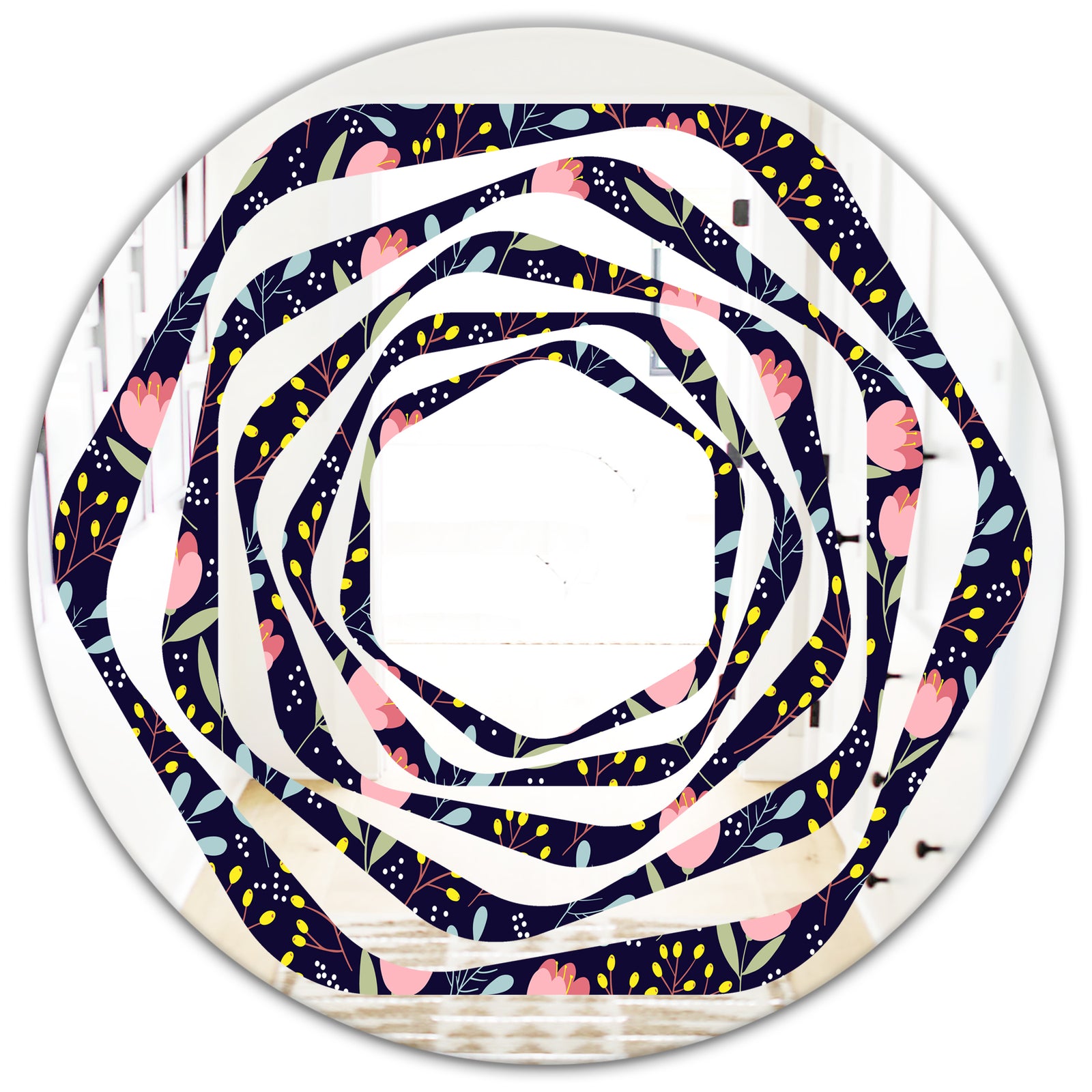 Handdrawn Pink Flowers - Modern Round or Oval Wall Mirror - Whirl