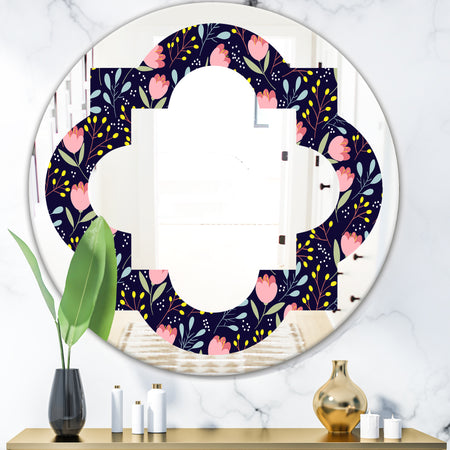 Handdrawn Pink Flowers - Modern Round or Oval Wall Mirror - Quatrefoil