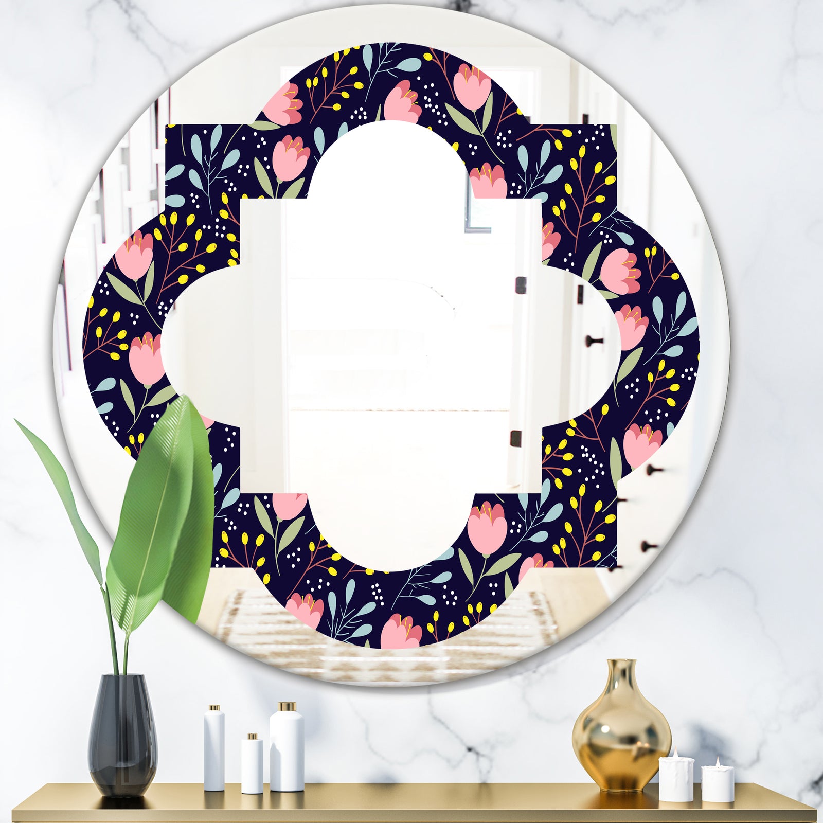 Handdrawn Pink Flowers - Modern Round or Oval Wall Mirror - Quatrefoil