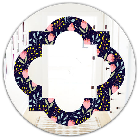 Handdrawn Pink Flowers - Modern Round or Oval Wall Mirror - Quatrefoil