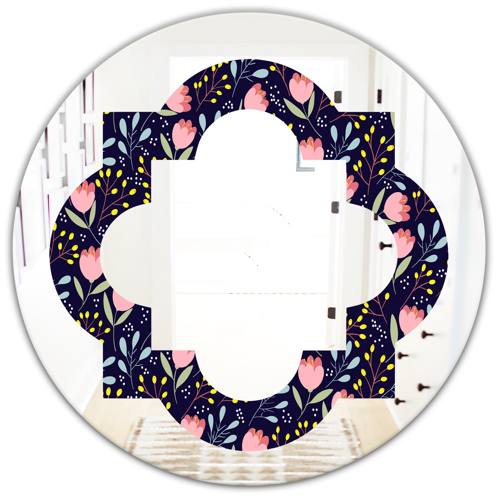 Handdrawn Pink Flowers - Modern Round or Oval Wall Mirror - Quatrefoil