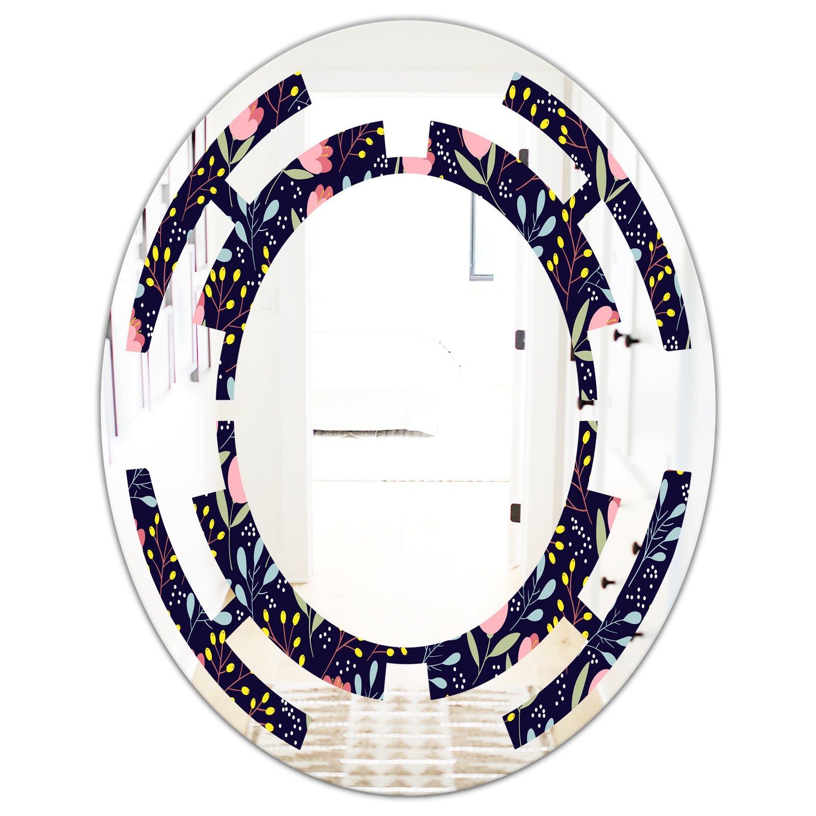 Handdrawn Pink Flowers - Modern Round or Oval Wall Mirror - Space