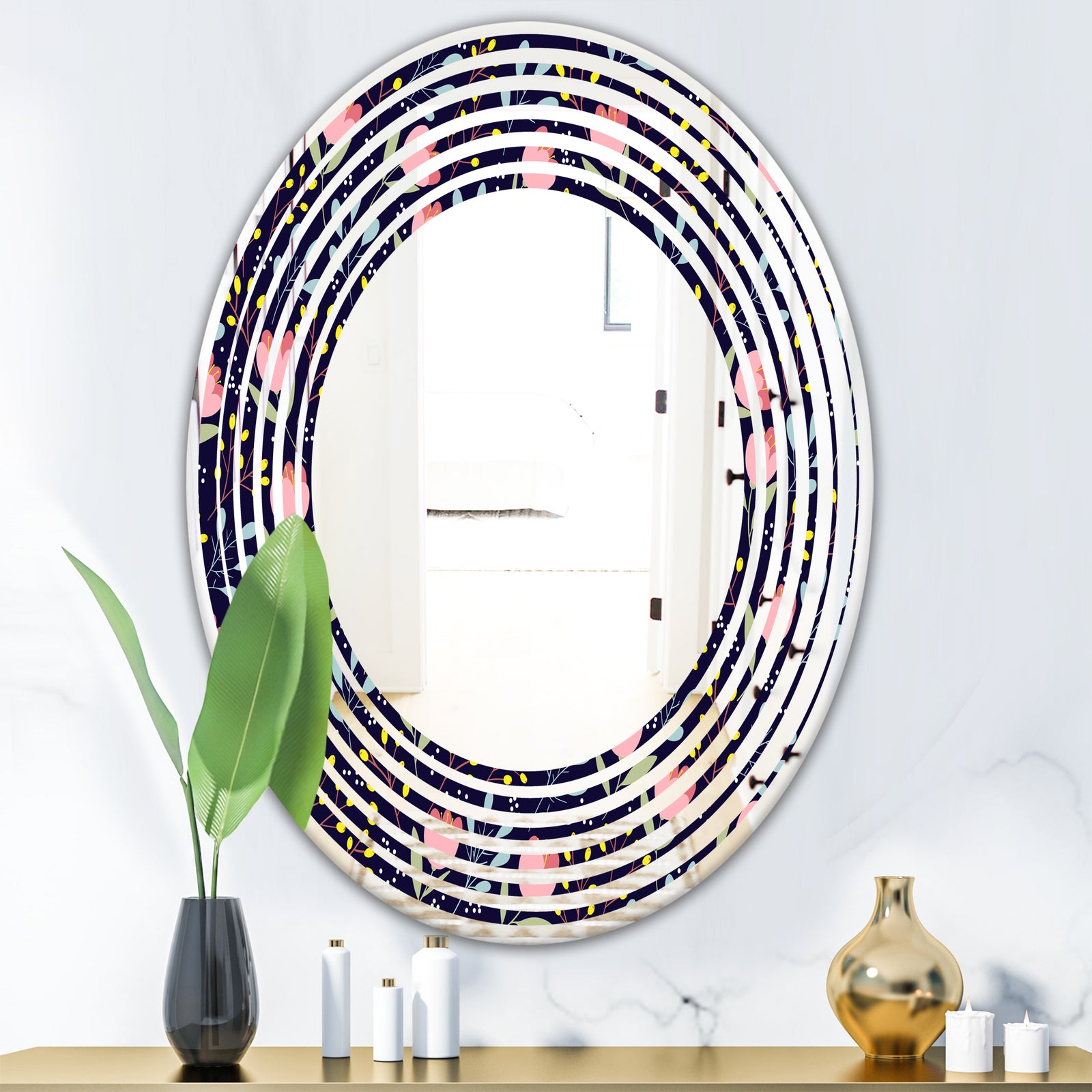 Handdrawn Pink Flowers - Modern Round or Oval Wall Mirror - Wave