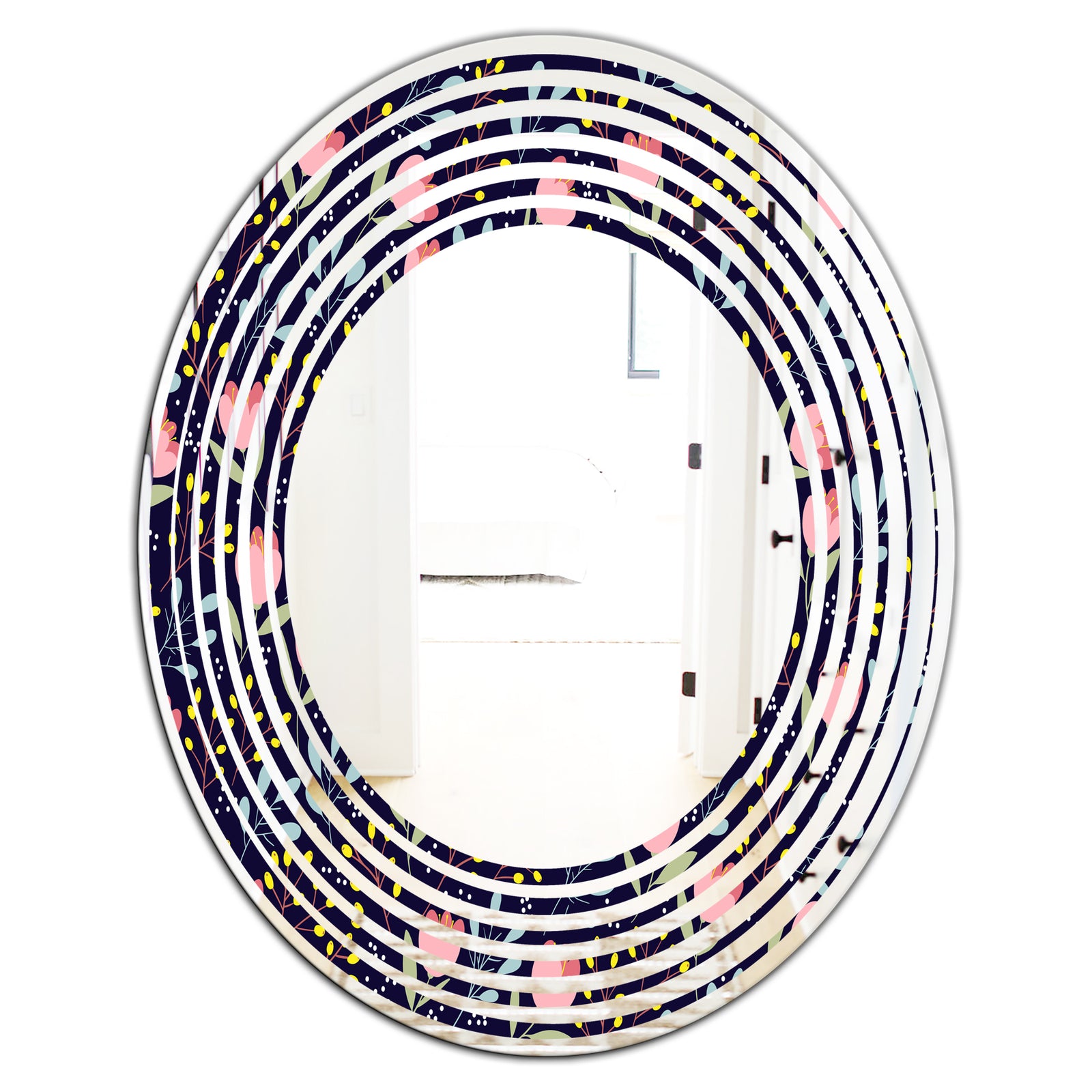 Handdrawn Pink Flowers - Modern Round or Oval Wall Mirror - Wave