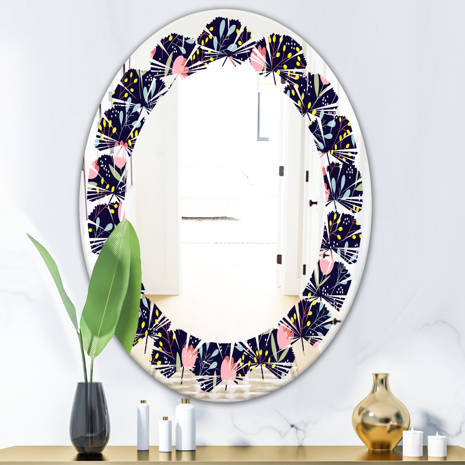 Handdrawn Pink Flowers - Modern Round or Oval Wall Mirror - Leaves