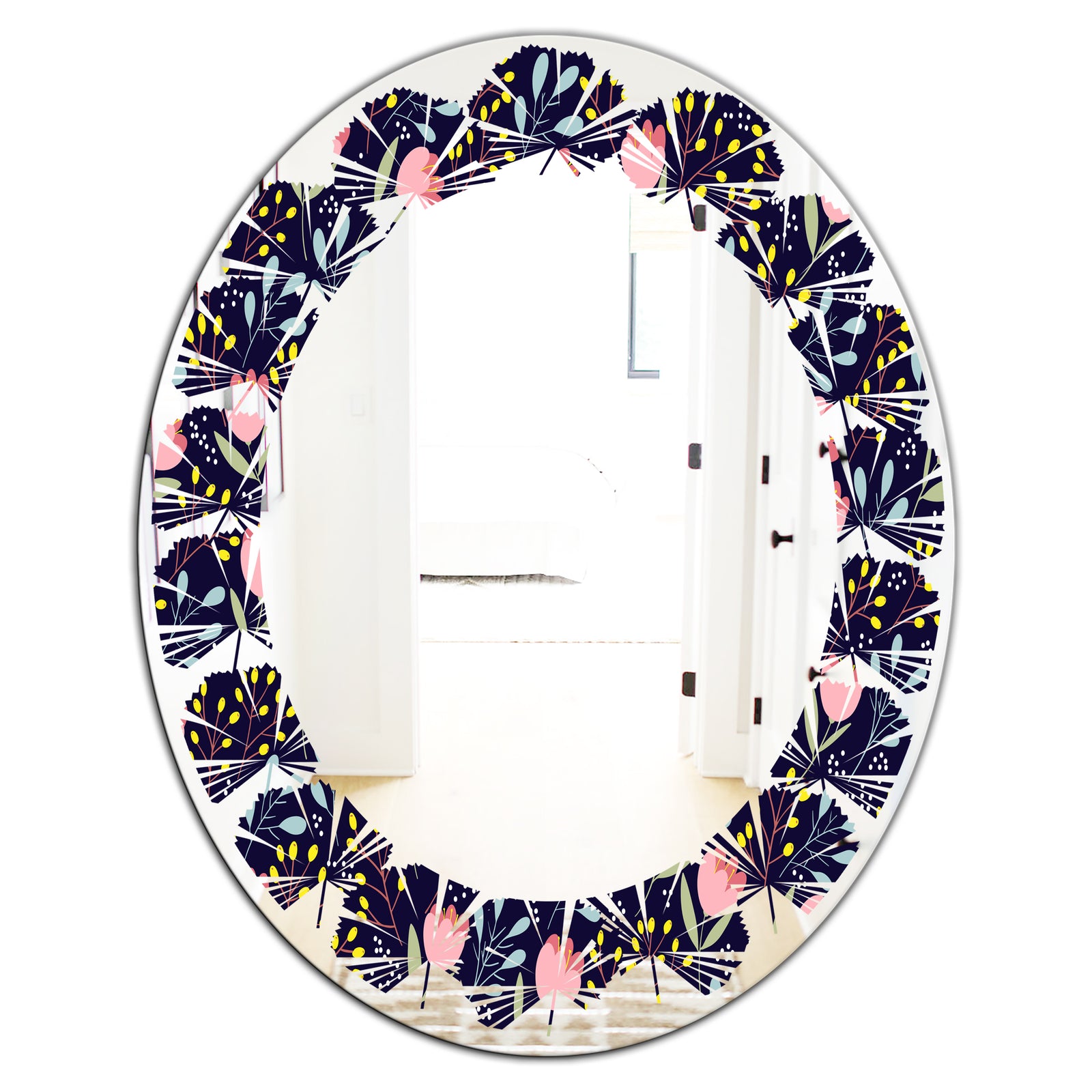 Handdrawn Pink Flowers - Modern Round or Oval Wall Mirror - Leaves