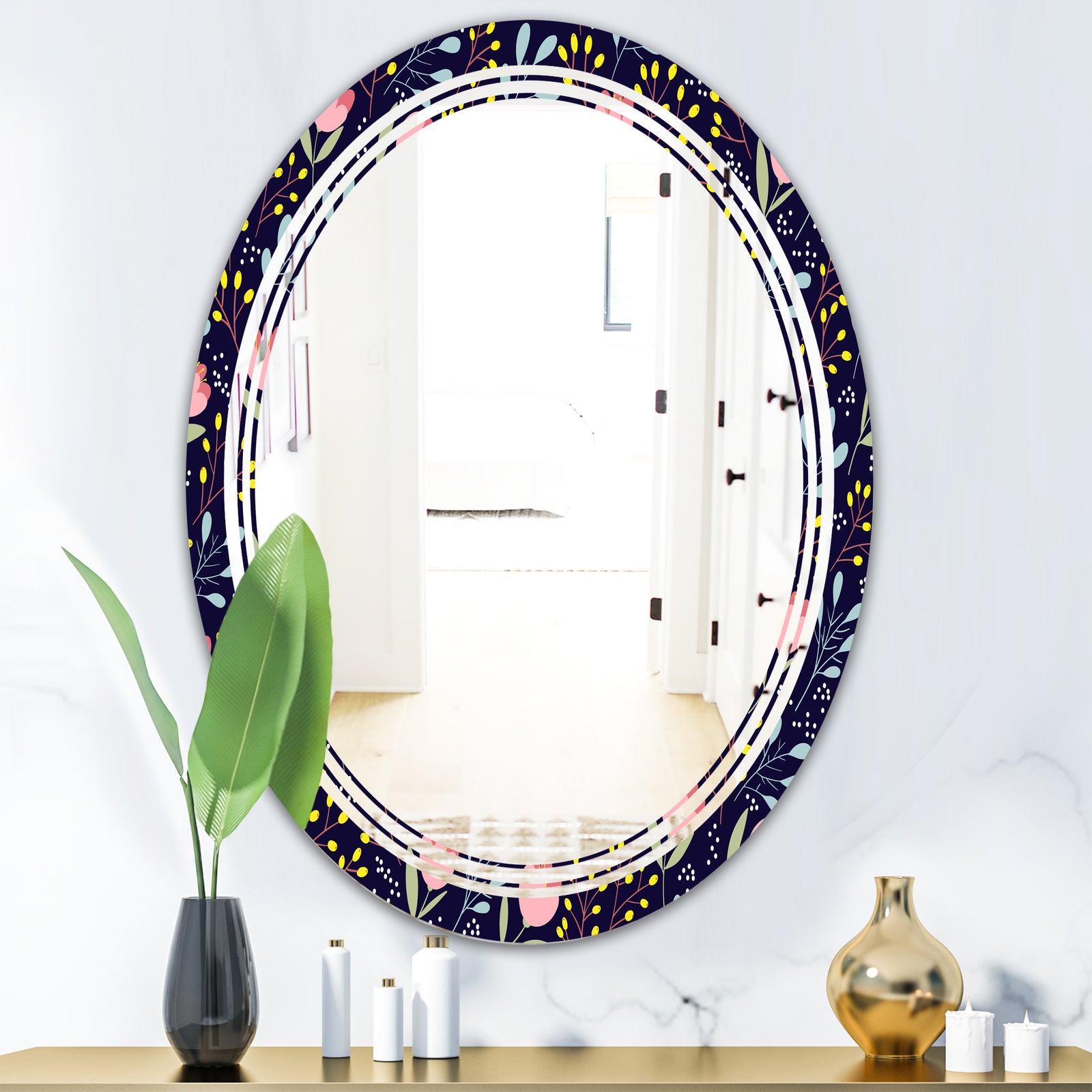 Handdrawn Pink Flowers - Modern Round or Oval Wall Mirror - Triple C