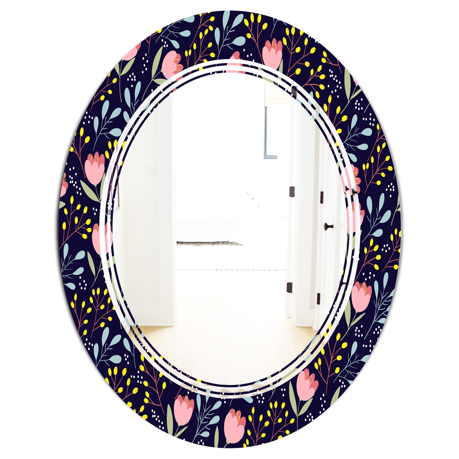 Handdrawn Pink Flowers - Modern Round or Oval Wall Mirror - Triple C