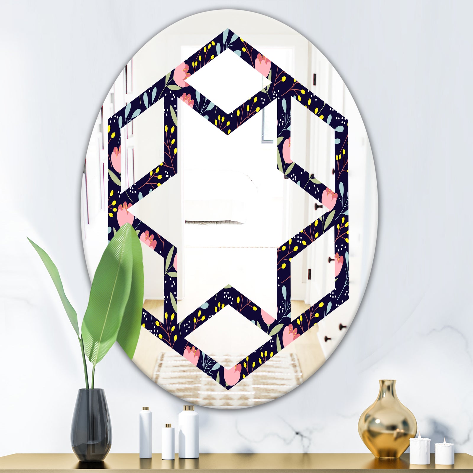 Handdrawn Pink Flowers - Modern Round or Oval Wall Mirror - Hexagon Star