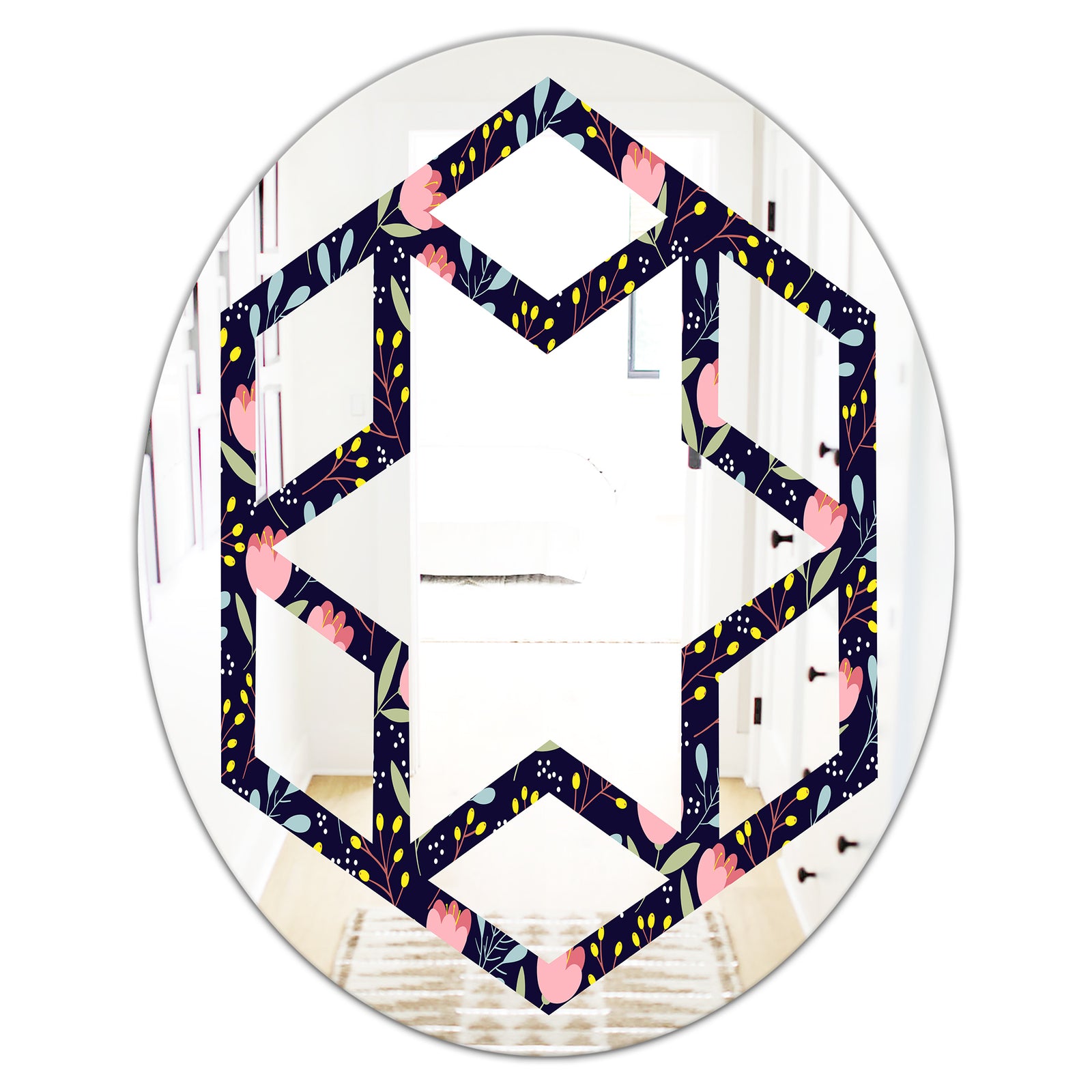 Handdrawn Pink Flowers - Modern Round or Oval Wall Mirror - Hexagon Star
