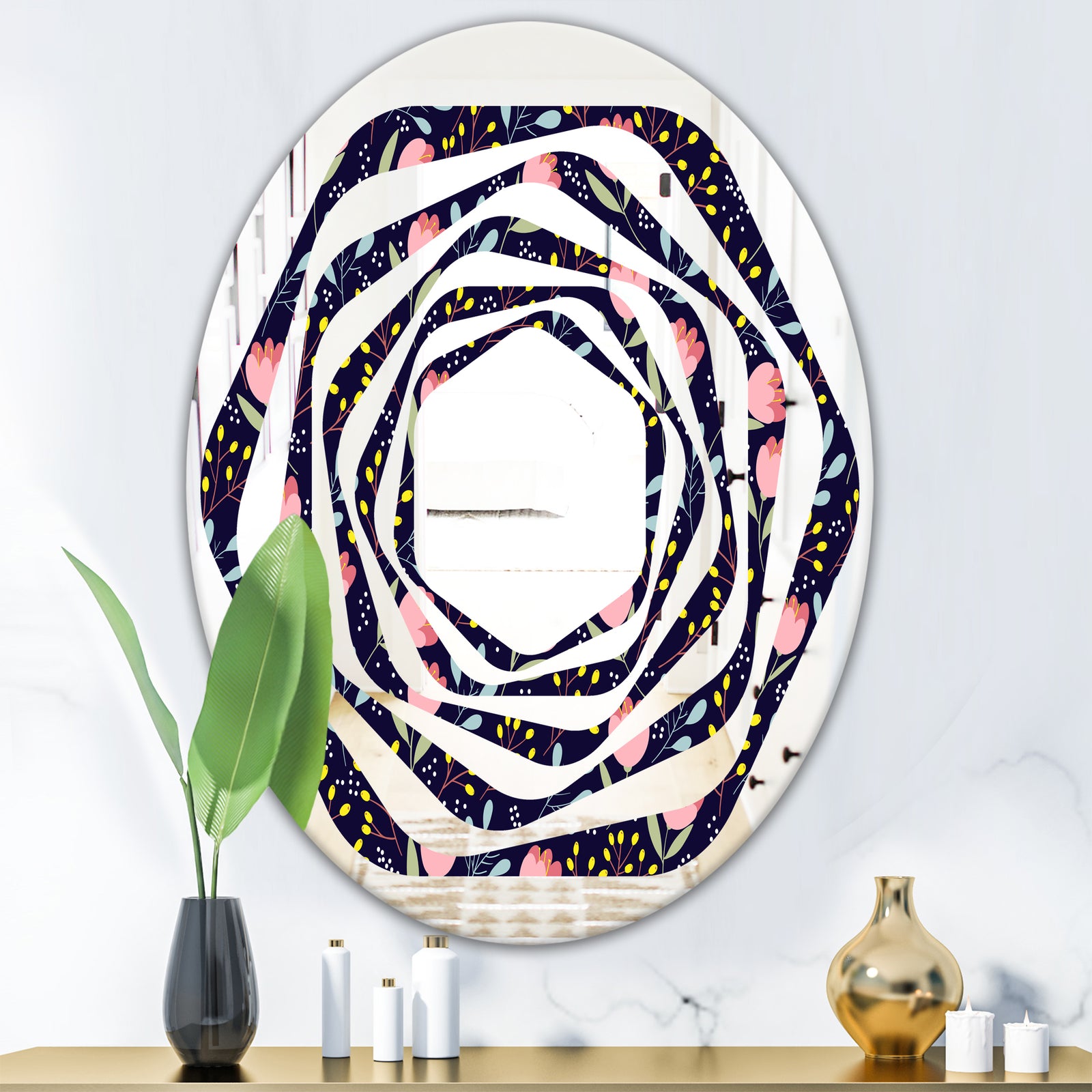 Handdrawn Pink Flowers - Modern Round or Oval Wall Mirror - Whirl