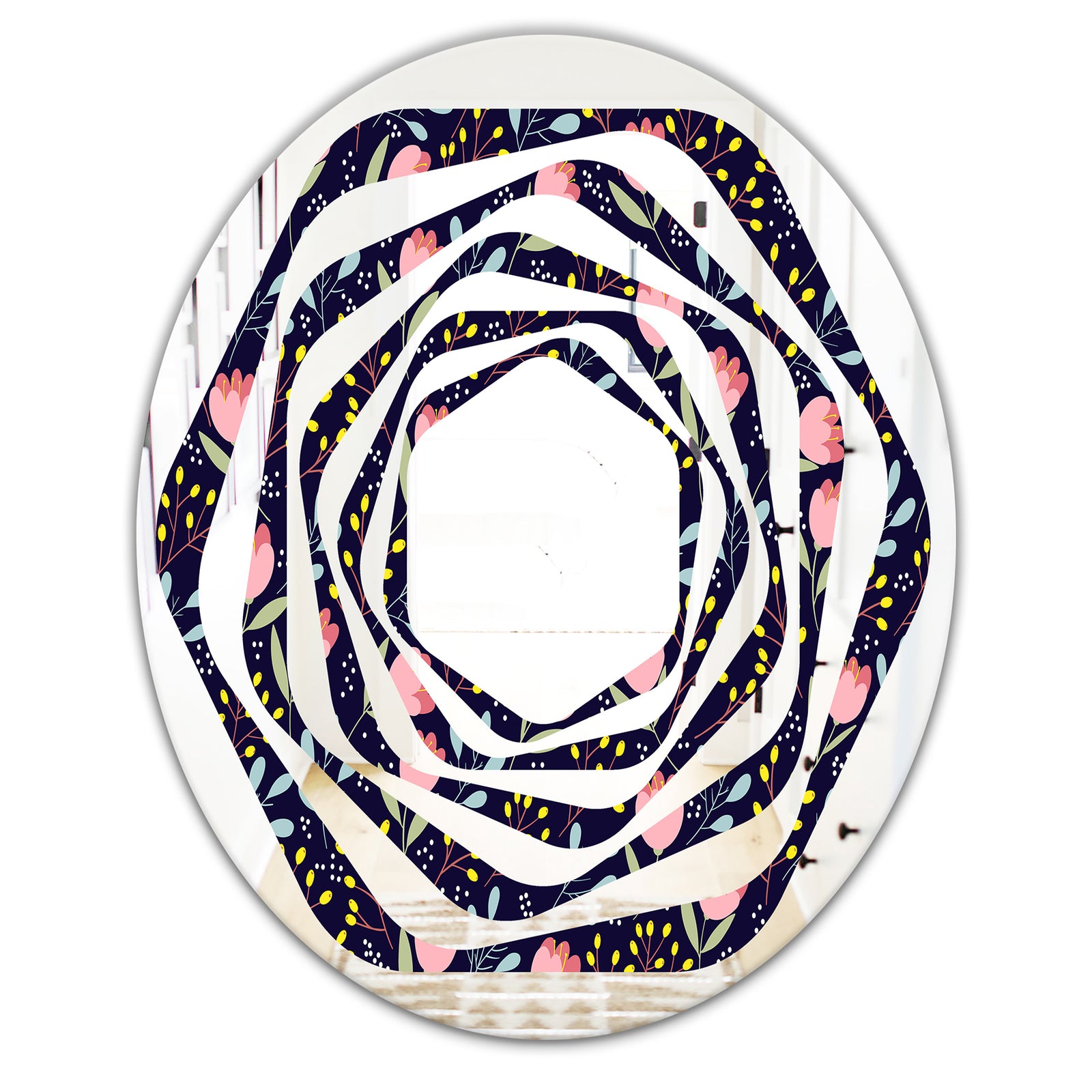 Handdrawn Pink Flowers - Modern Round or Oval Wall Mirror - Whirl