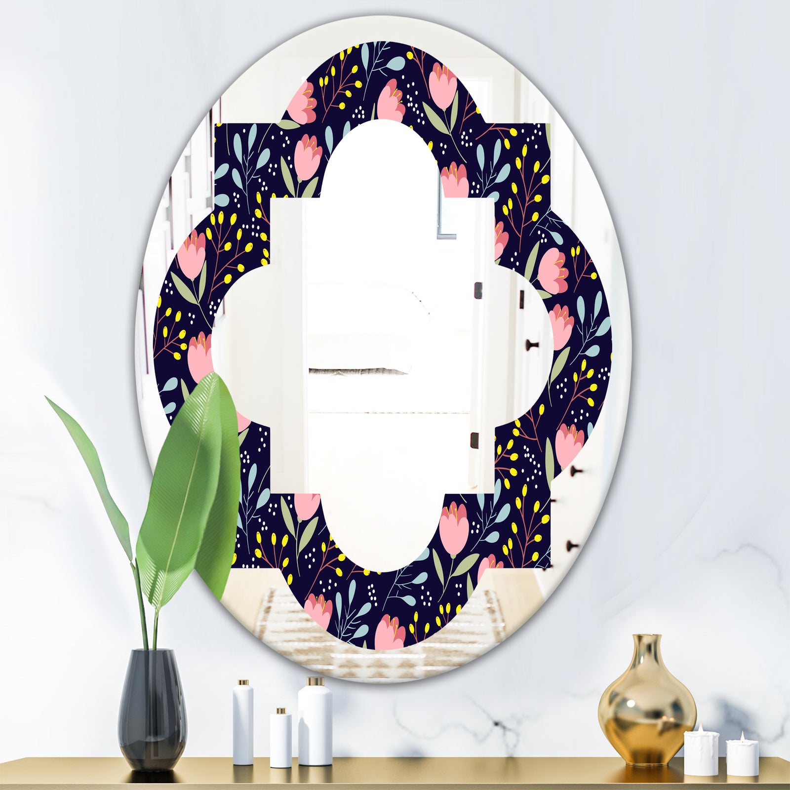 Handdrawn Pink Flowers - Modern Round or Oval Wall Mirror - Quatrefoil