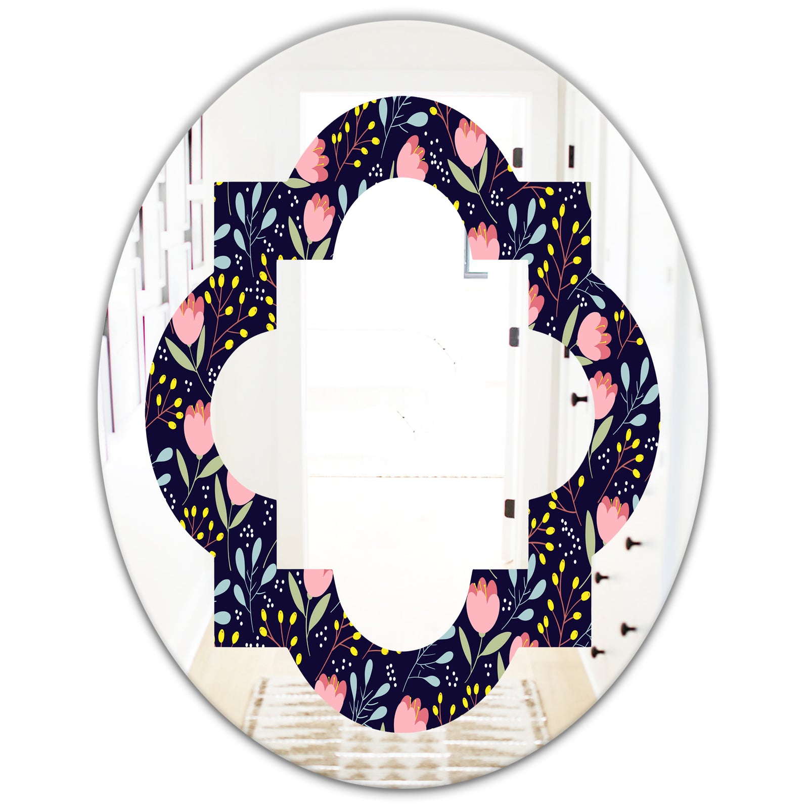 Handdrawn Pink Flowers - Modern Round or Oval Wall Mirror - Quatrefoil