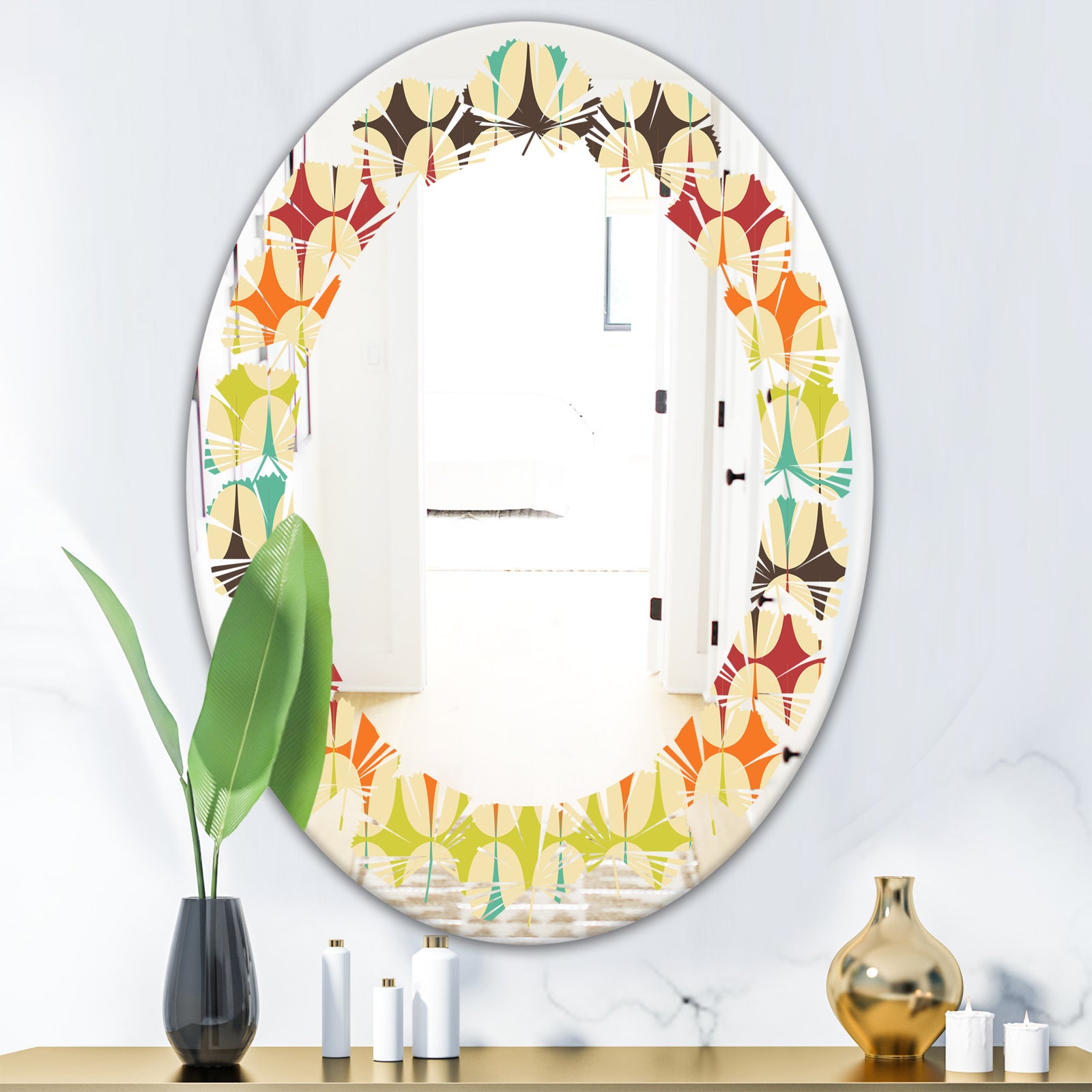 Abstract Retro Geometric Pattern V - Modern Round or Oval Wall Mirror - Leaves