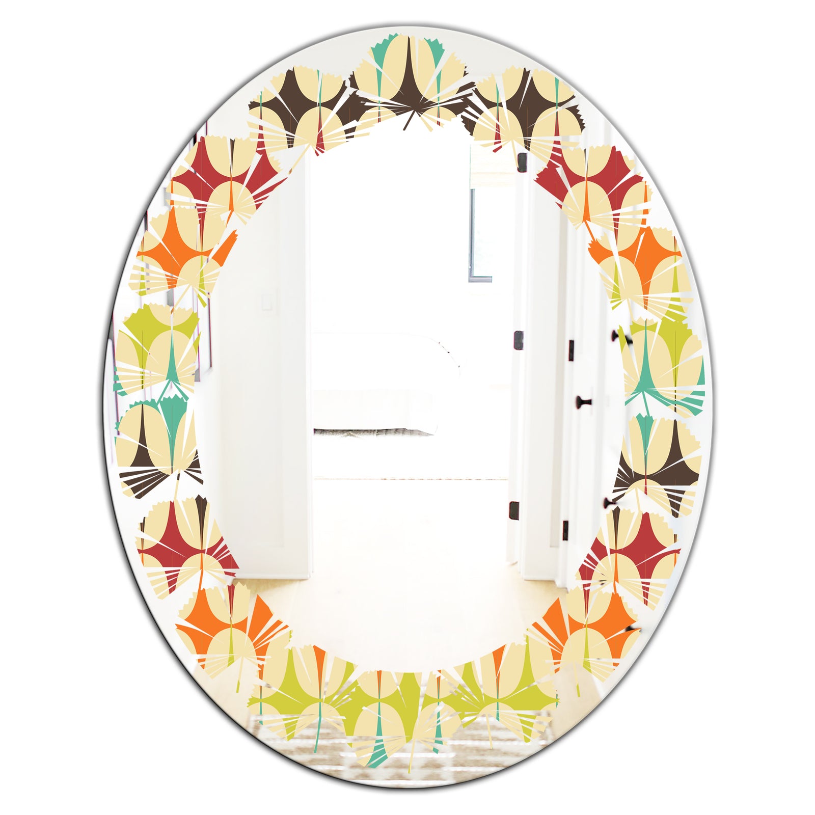 Abstract Retro Geometric Pattern V - Modern Round or Oval Wall Mirror - Leaves