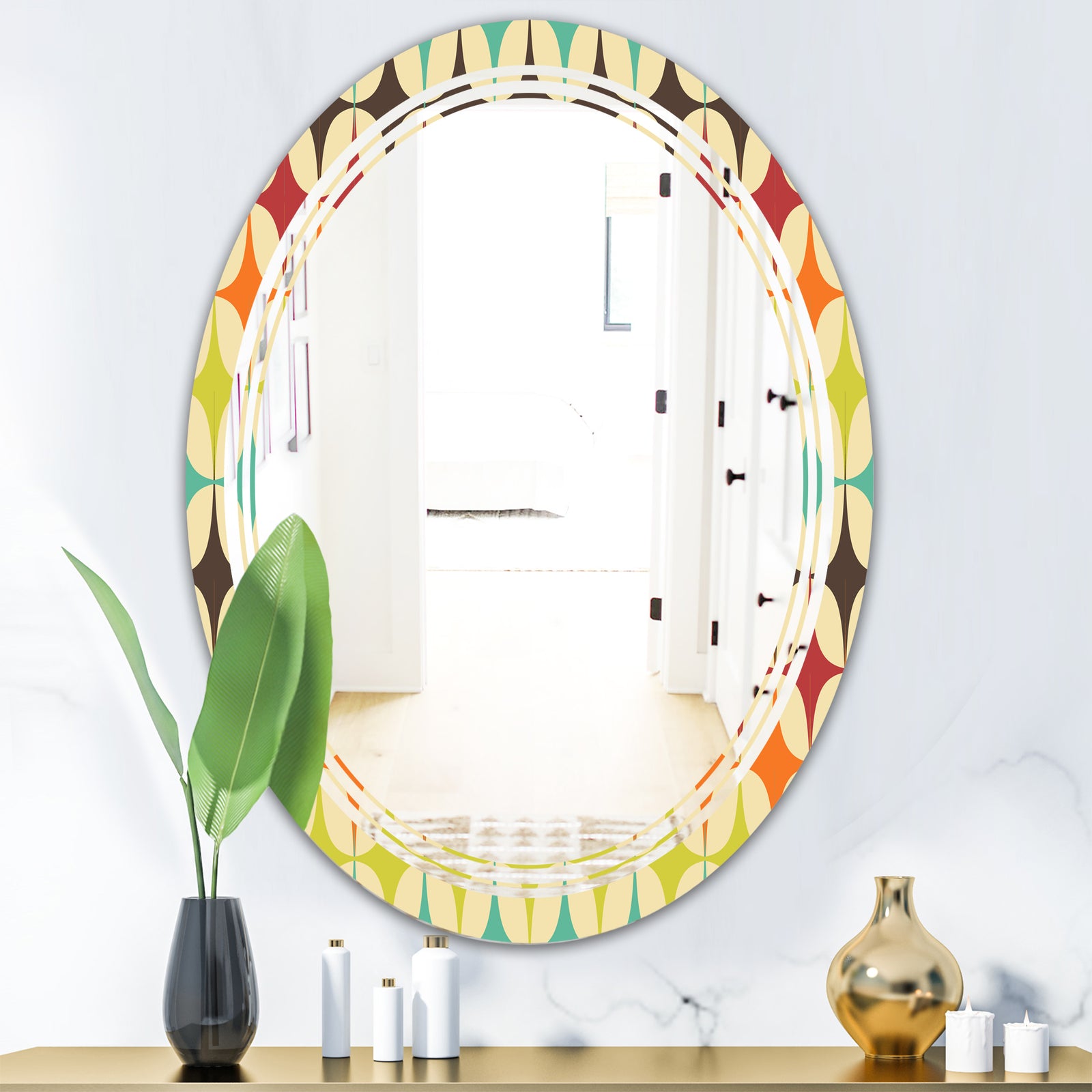 Abstract Retro Geometric Pattern V - Modern Round or Oval Wall Mirror - Triple C