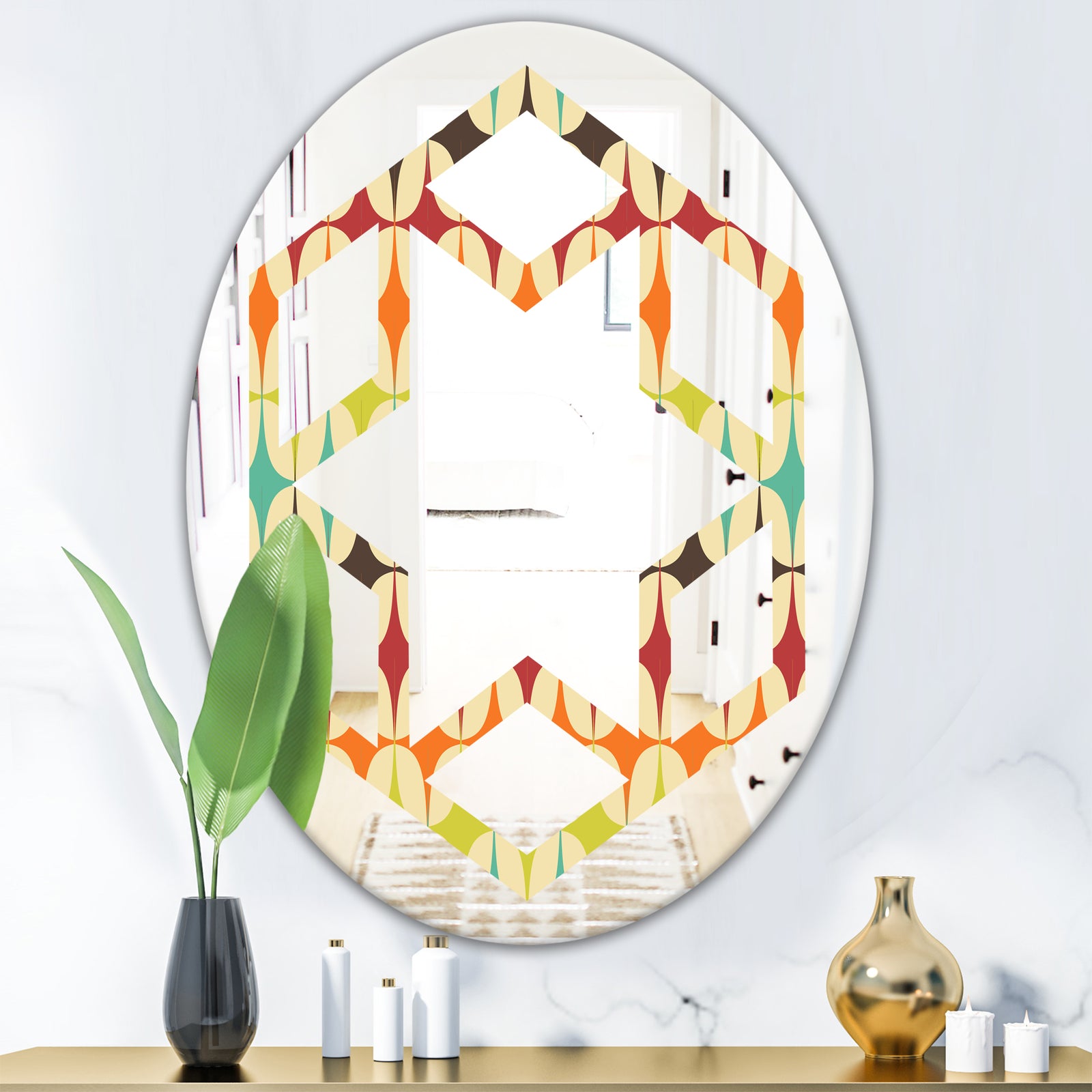 Abstract Retro Geometric Pattern V - Modern Round or Oval Wall Mirror - Hexagon Star