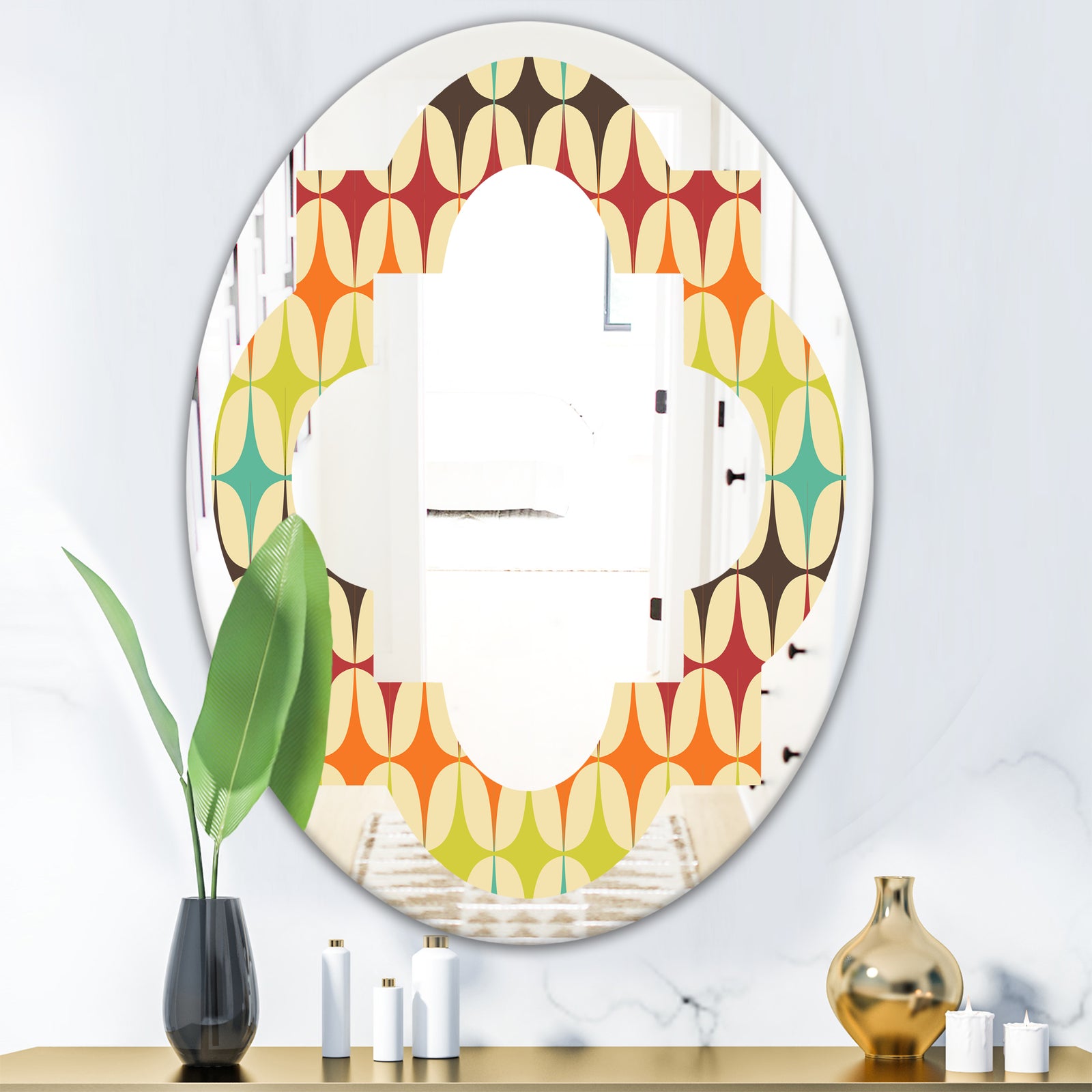 Abstract Retro Geometric Pattern V - Modern Round or Oval Wall Mirror - Quatrefoil