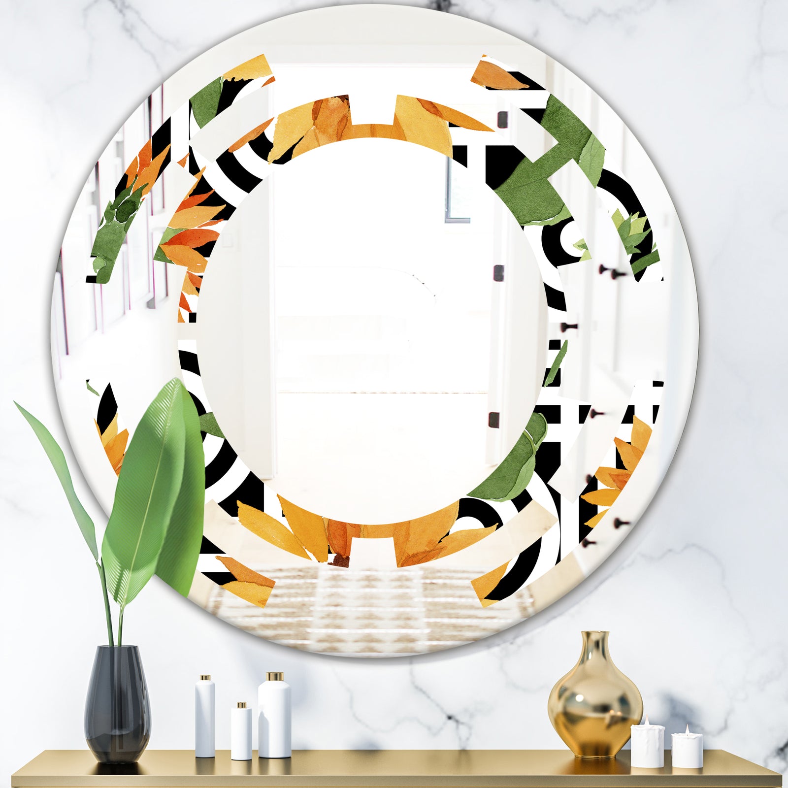 Retro Floral Botanical II - Modern Round or Oval Wall Mirror - Space