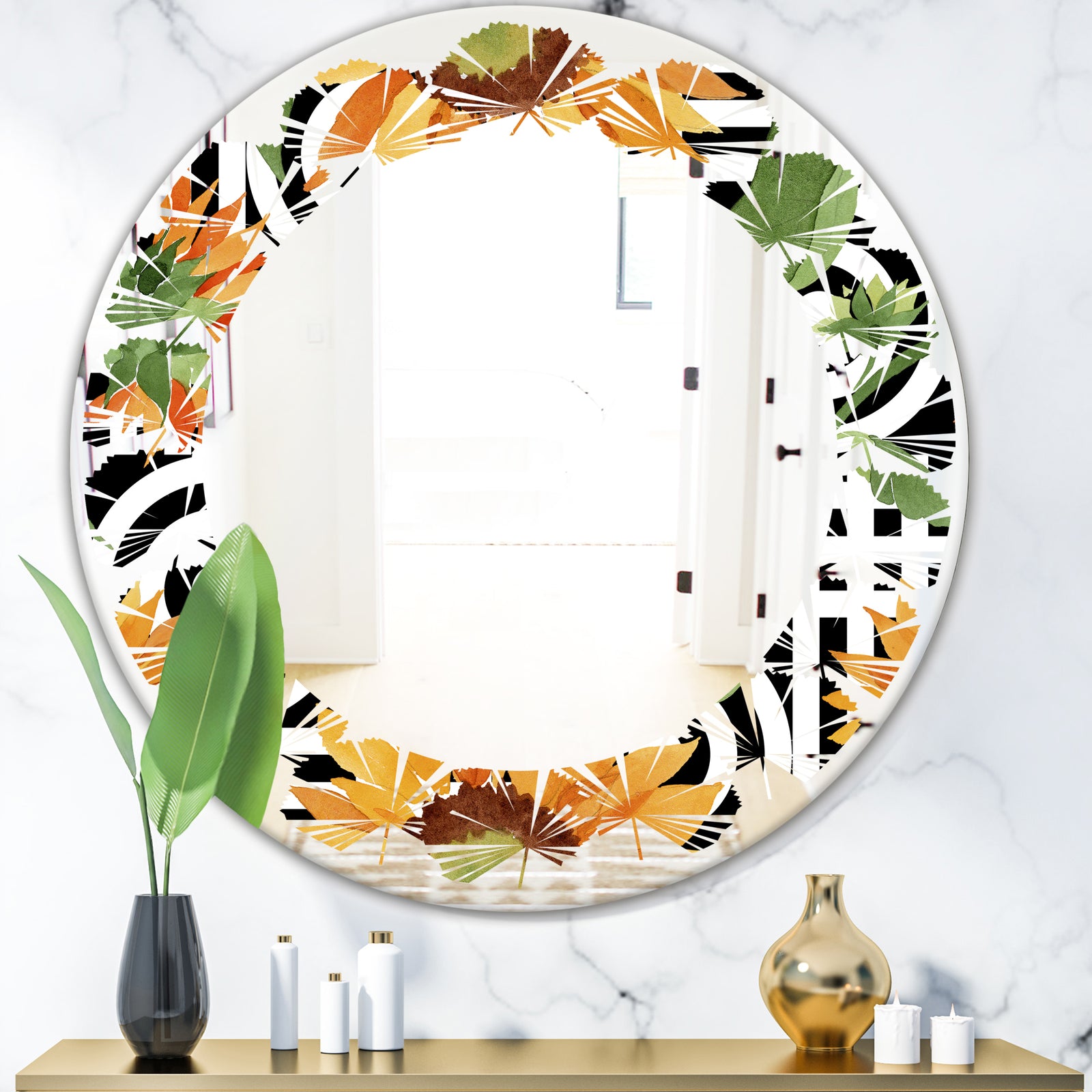 Retro Floral Botanical II - Modern Round or Oval Wall Mirror - Leaves