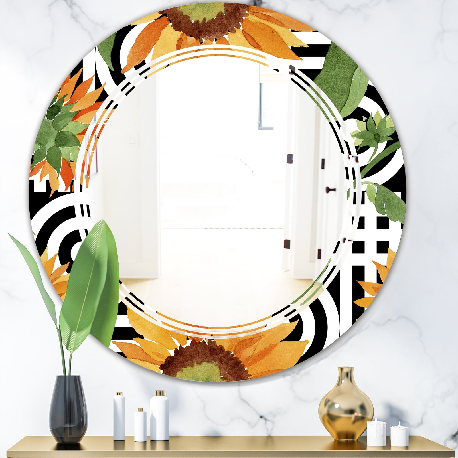 Retro Floral Botanical II - Modern Round or Oval Wall Mirror - Triple C