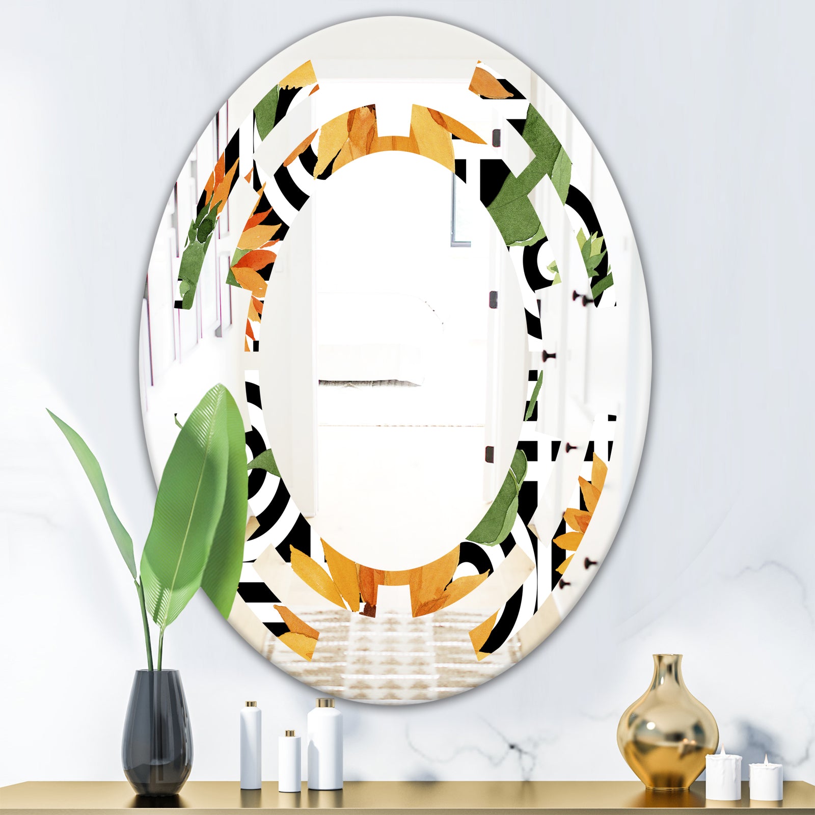 Retro Floral Botanical II - Modern Round or Oval Wall Mirror - Space