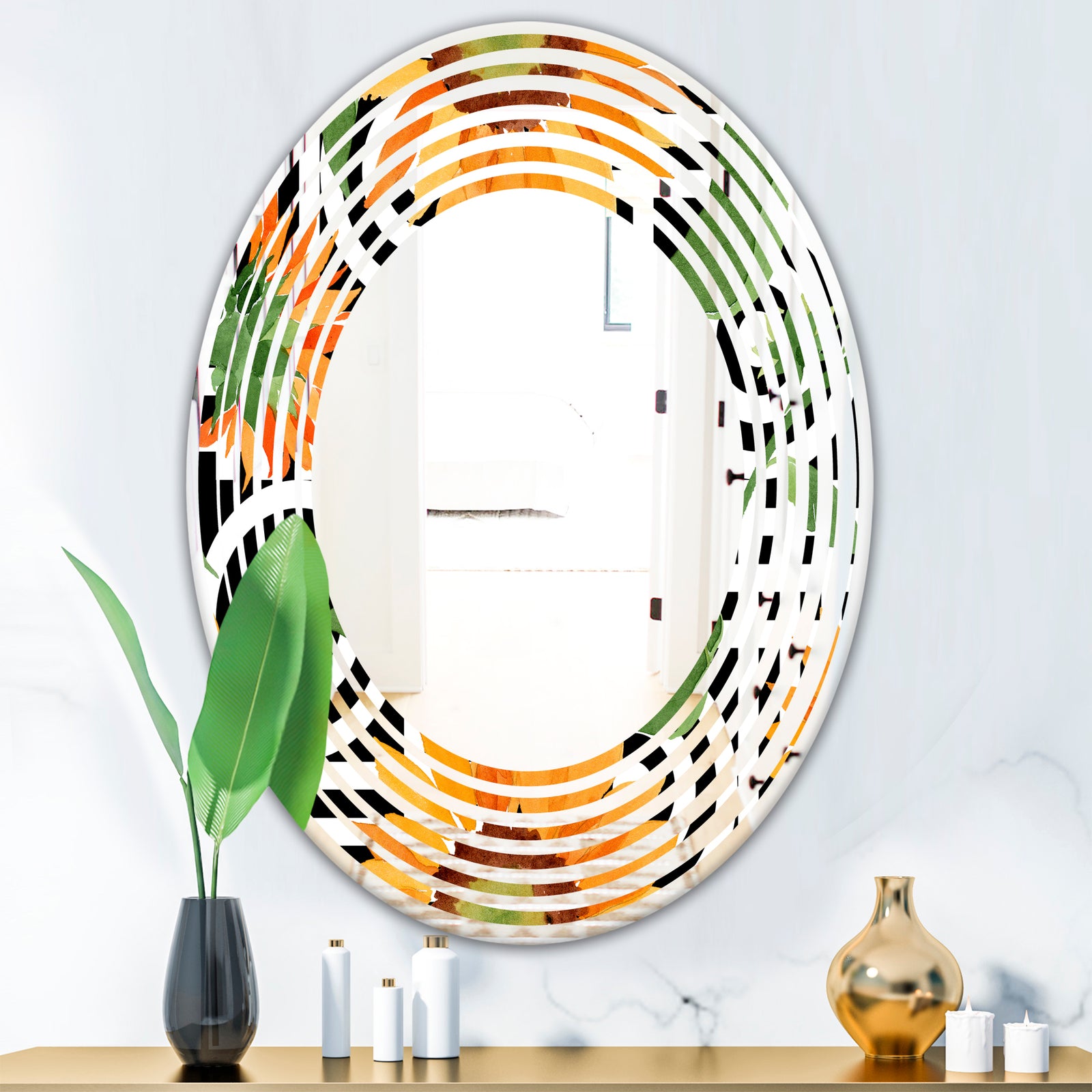 Retro Floral Botanical II - Modern Round or Oval Wall Mirror - Wave
