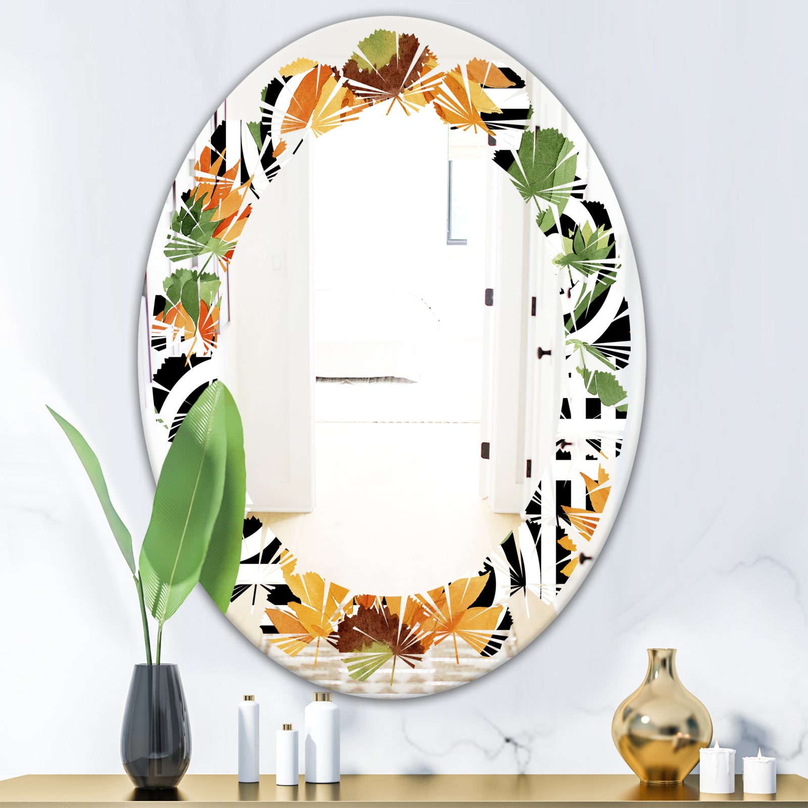Retro Floral Botanical II - Modern Round or Oval Wall Mirror - Leaves