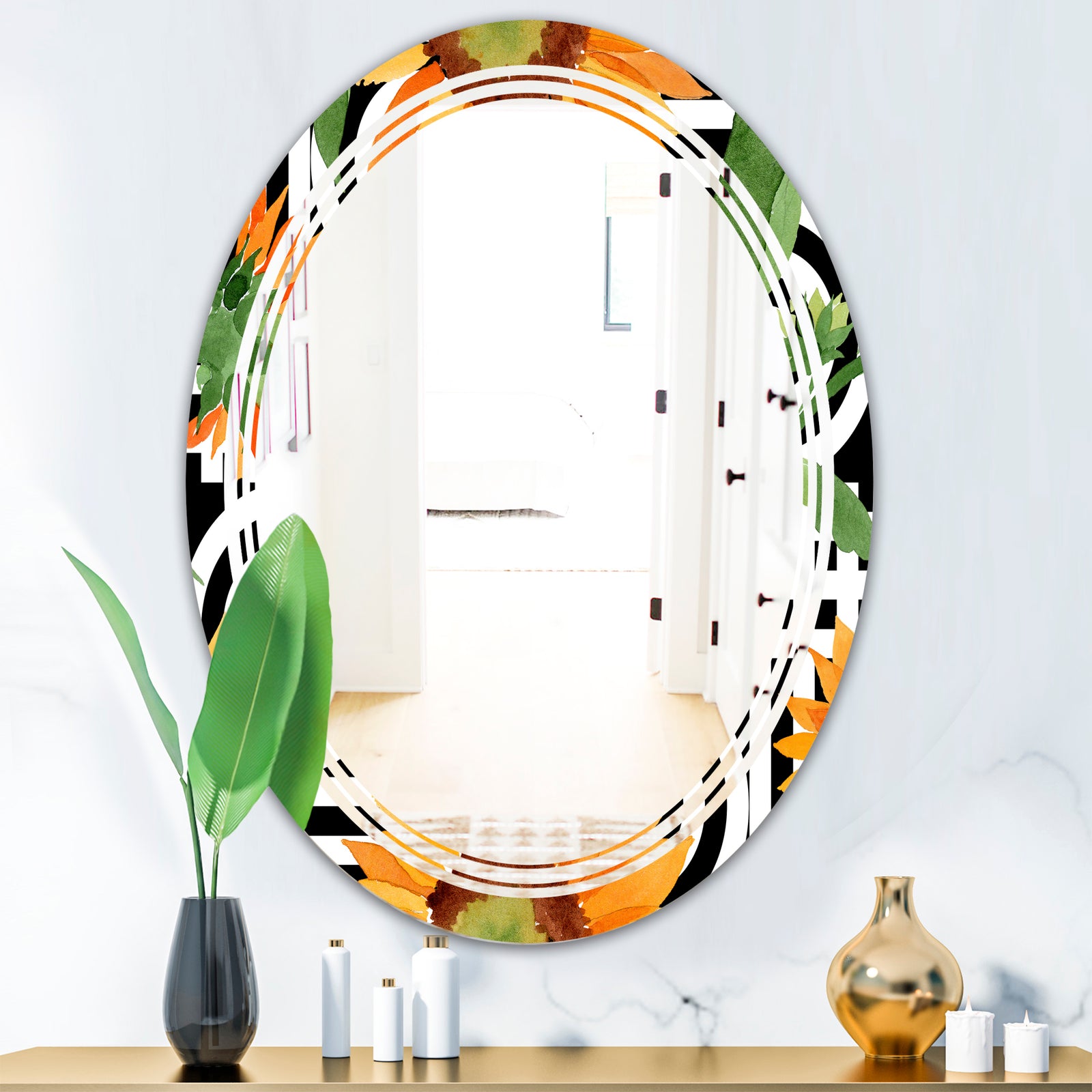 Retro Floral Botanical II - Modern Round or Oval Wall Mirror - Triple C
