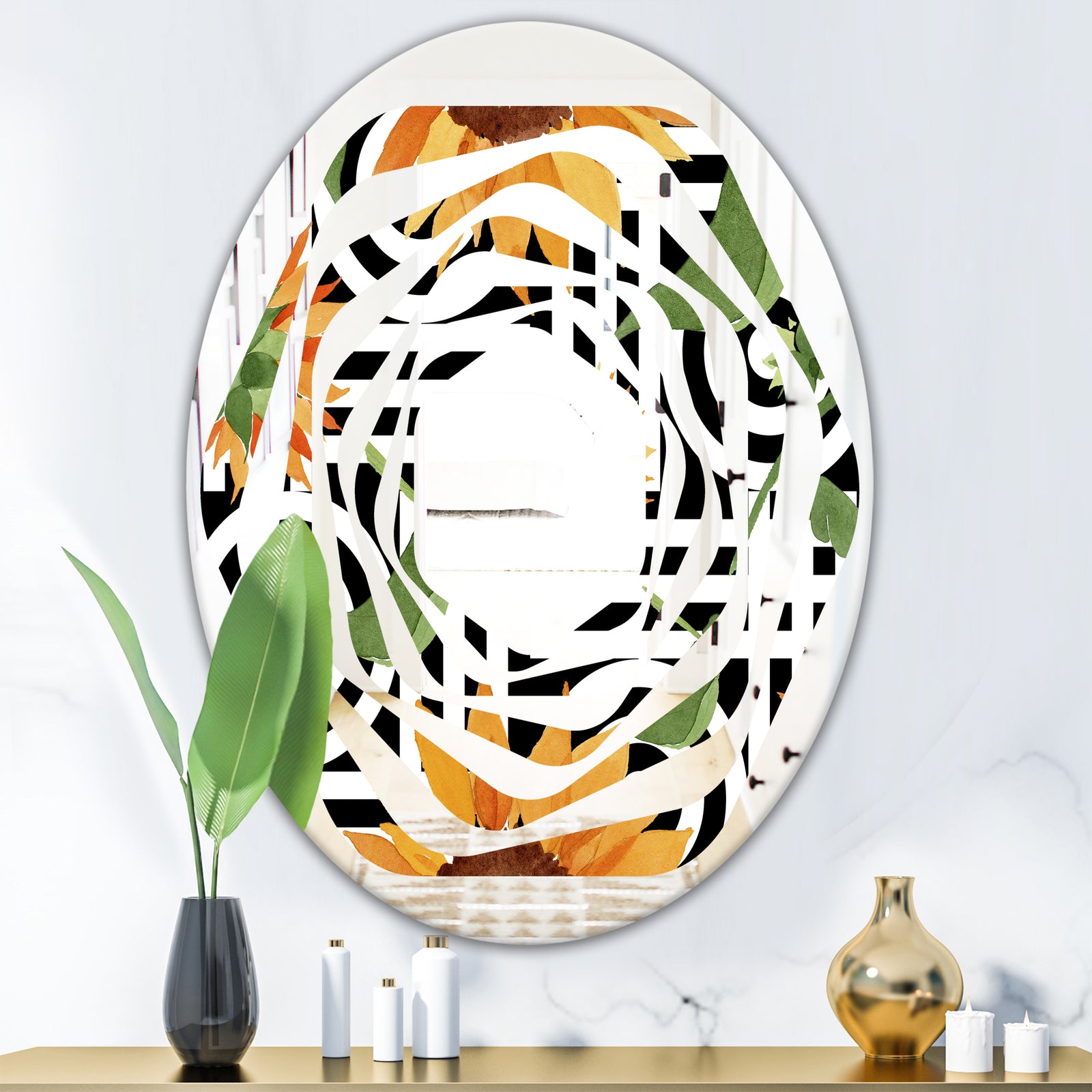 Retro Floral Botanical II - Modern Round or Oval Wall Mirror - Whirl