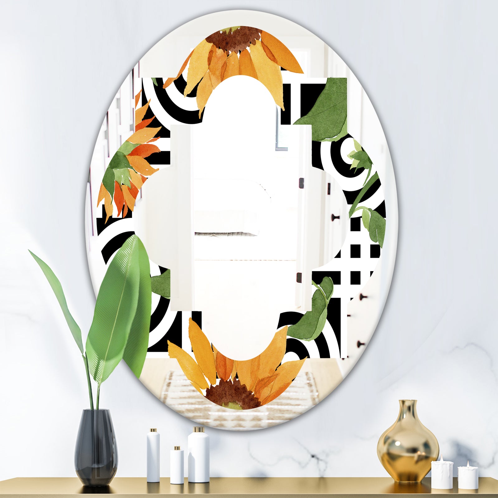 Retro Floral Botanical II - Modern Round or Oval Wall Mirror - Quatrefoil