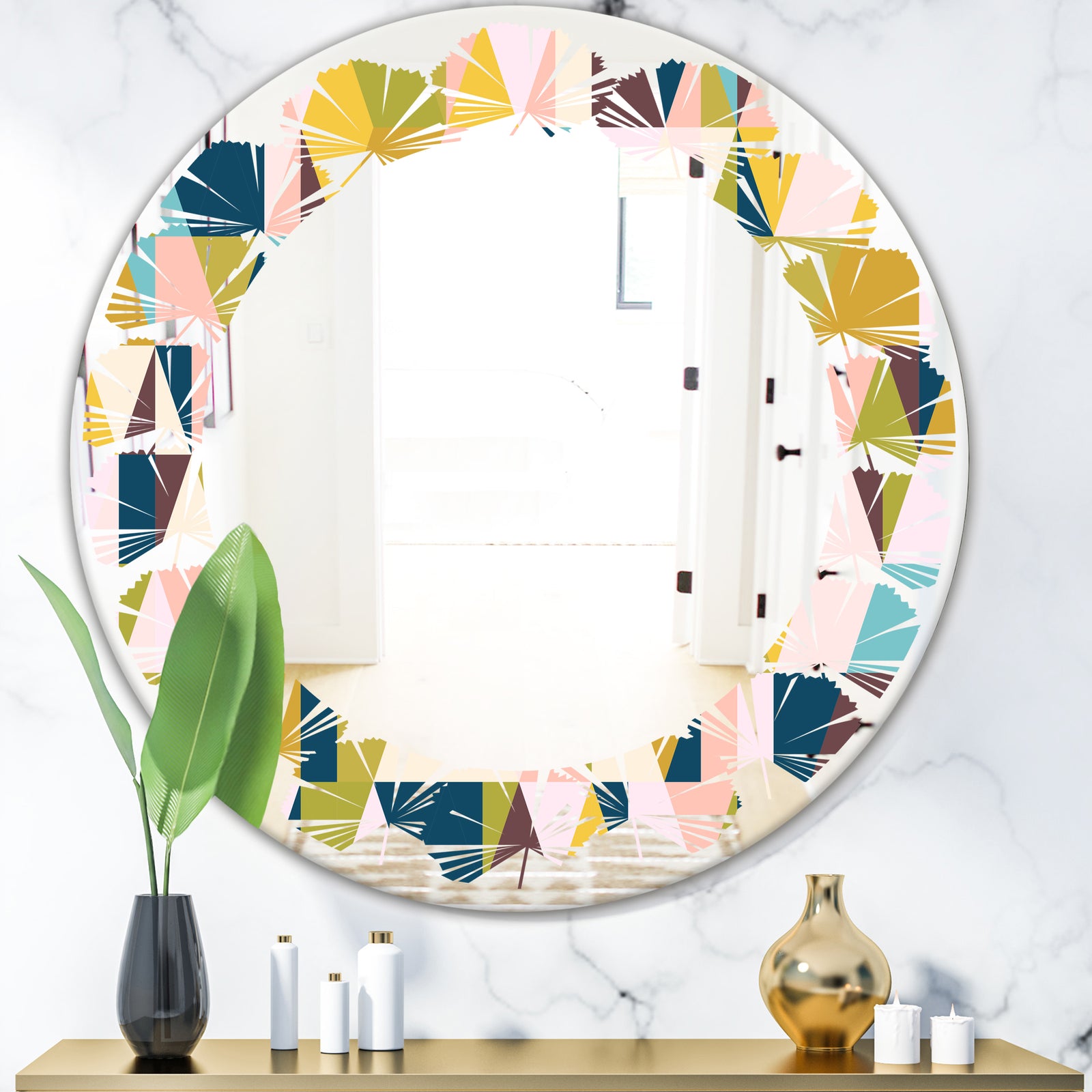 Triangular Retro Design I - Modern Round or Oval Wall Mirror - Leaves