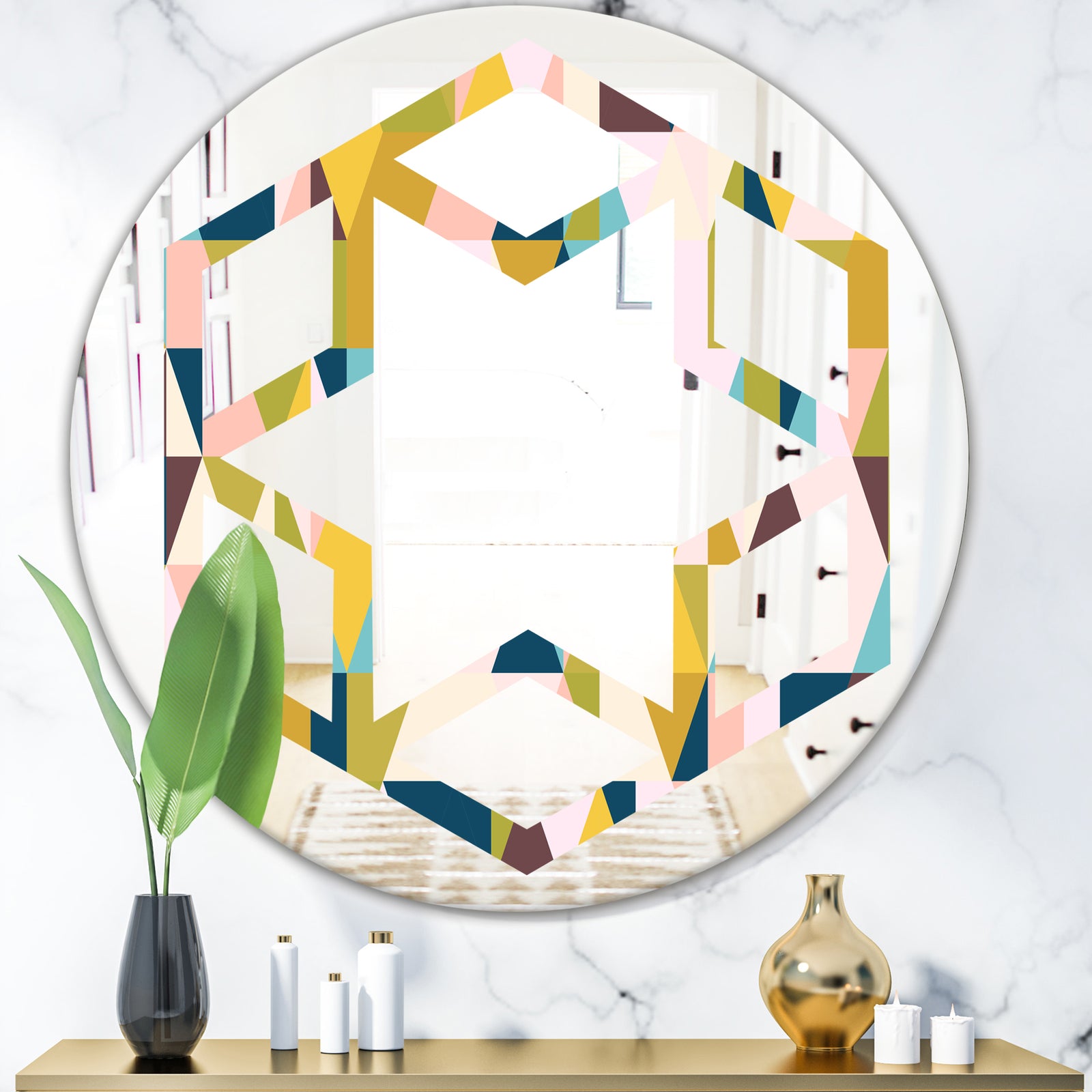 Triangular Retro Design I - Modern Round or Oval Wall Mirror - Hexagon Star