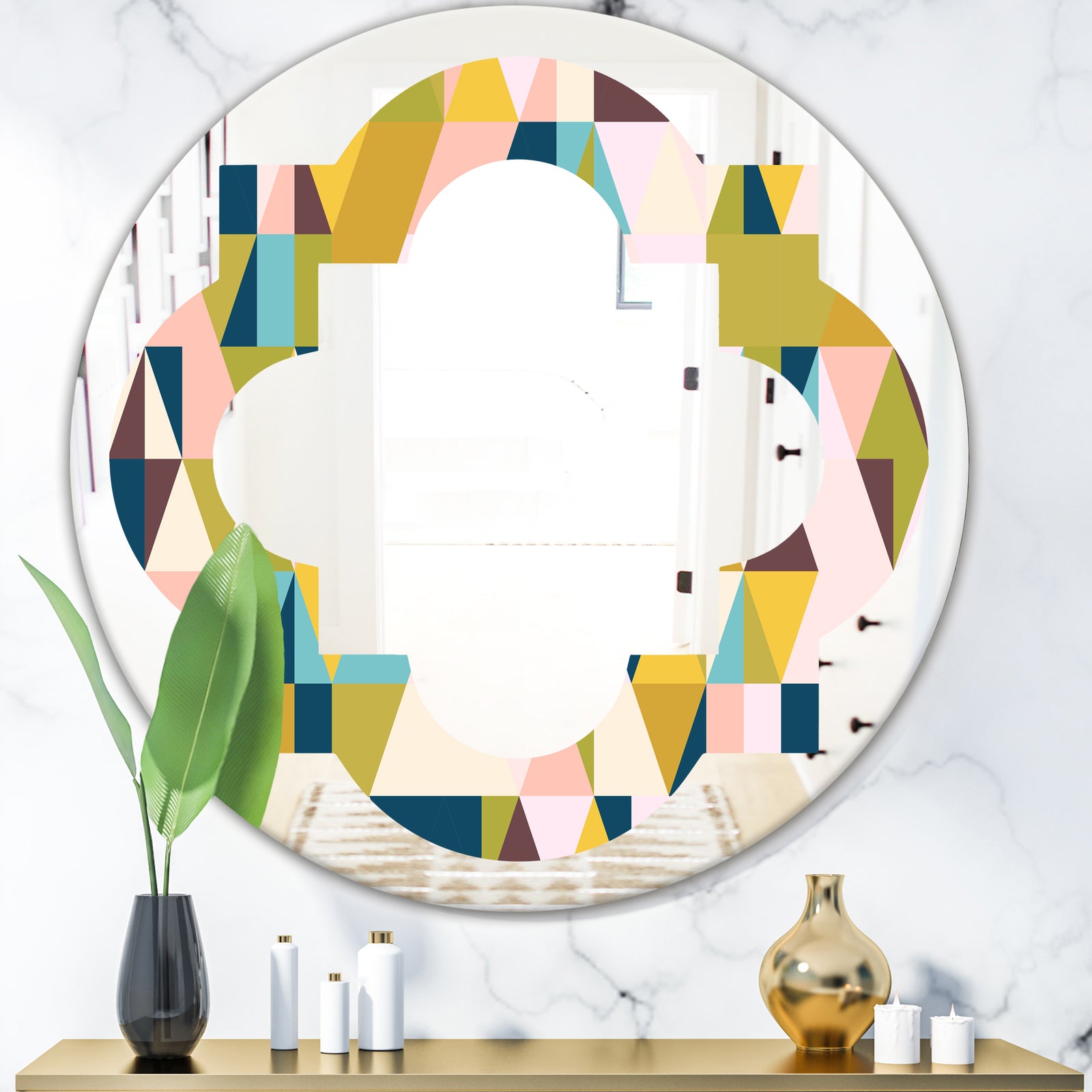 Triangular Retro Design I - Modern Round or Oval Wall Mirror - Quatrefoil
