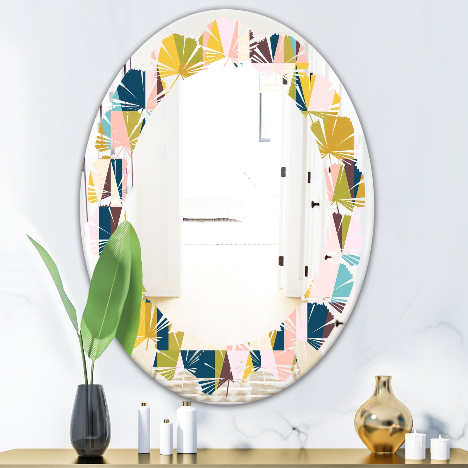 Triangular Retro Design I - Modern Round or Oval Wall Mirror - Leaves