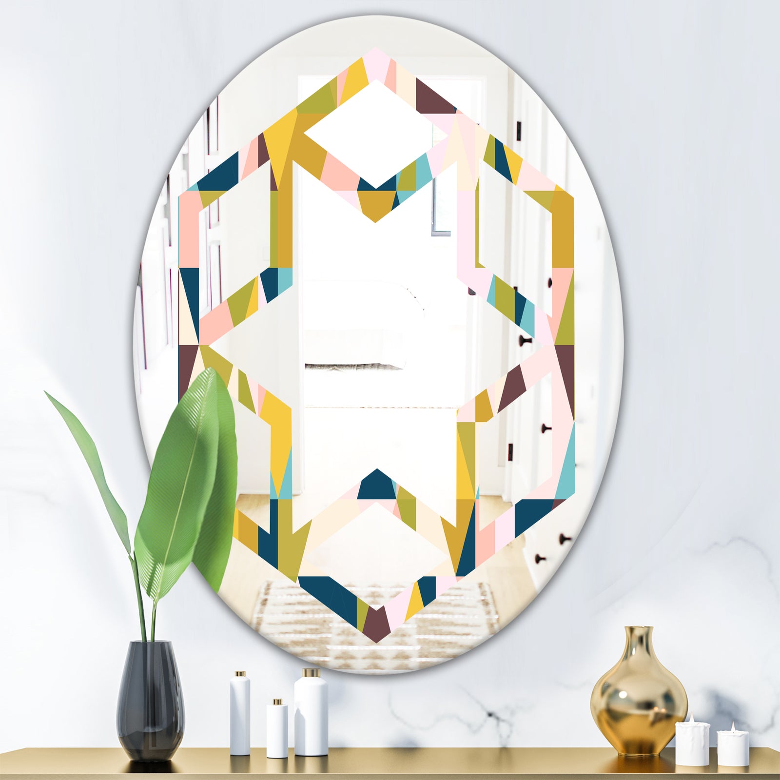 Triangular Retro Design I - Modern Round or Oval Wall Mirror - Hexagon Star