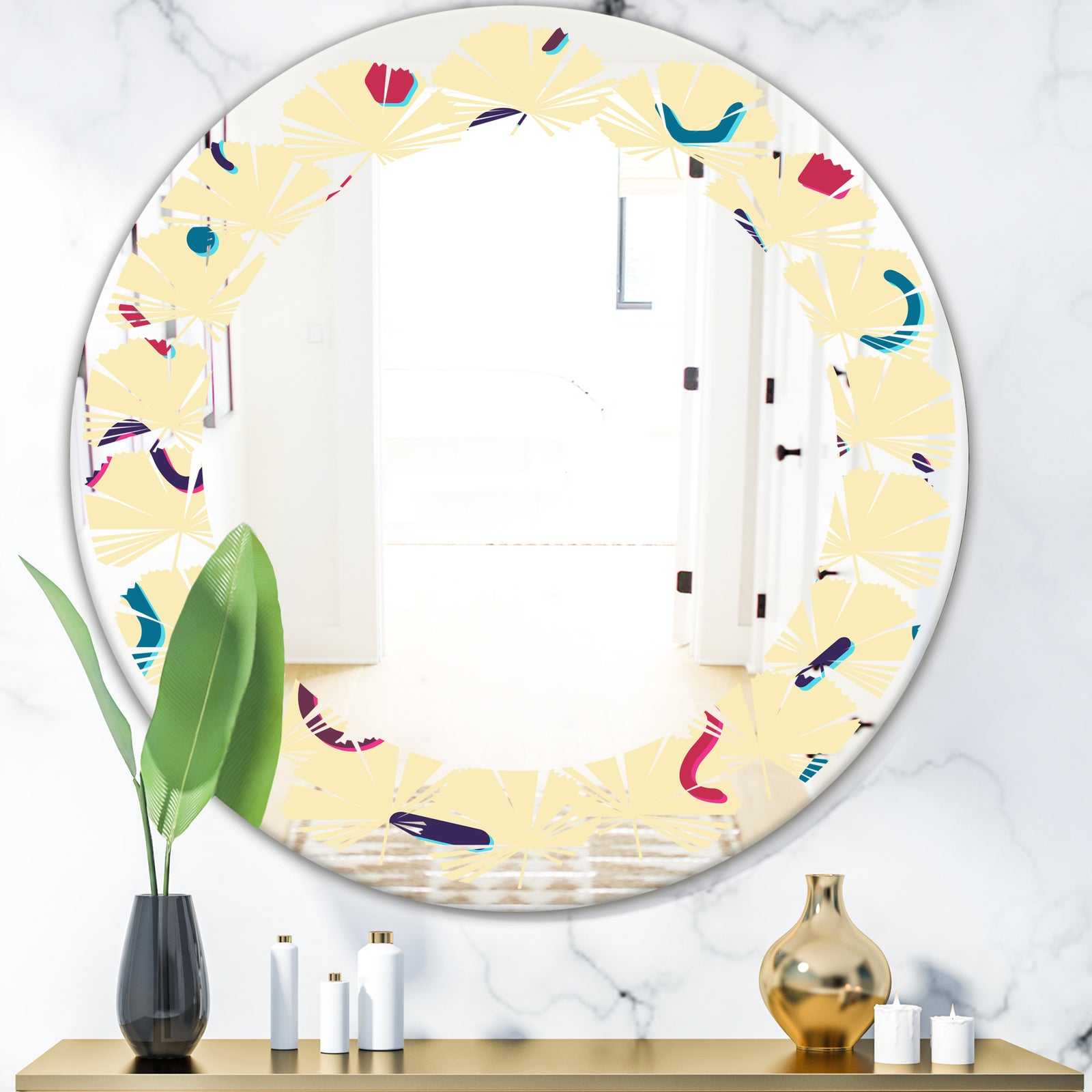 Retro Abstract Pattern Design VI - Modern Round or Oval Wall Mirror - Leaves