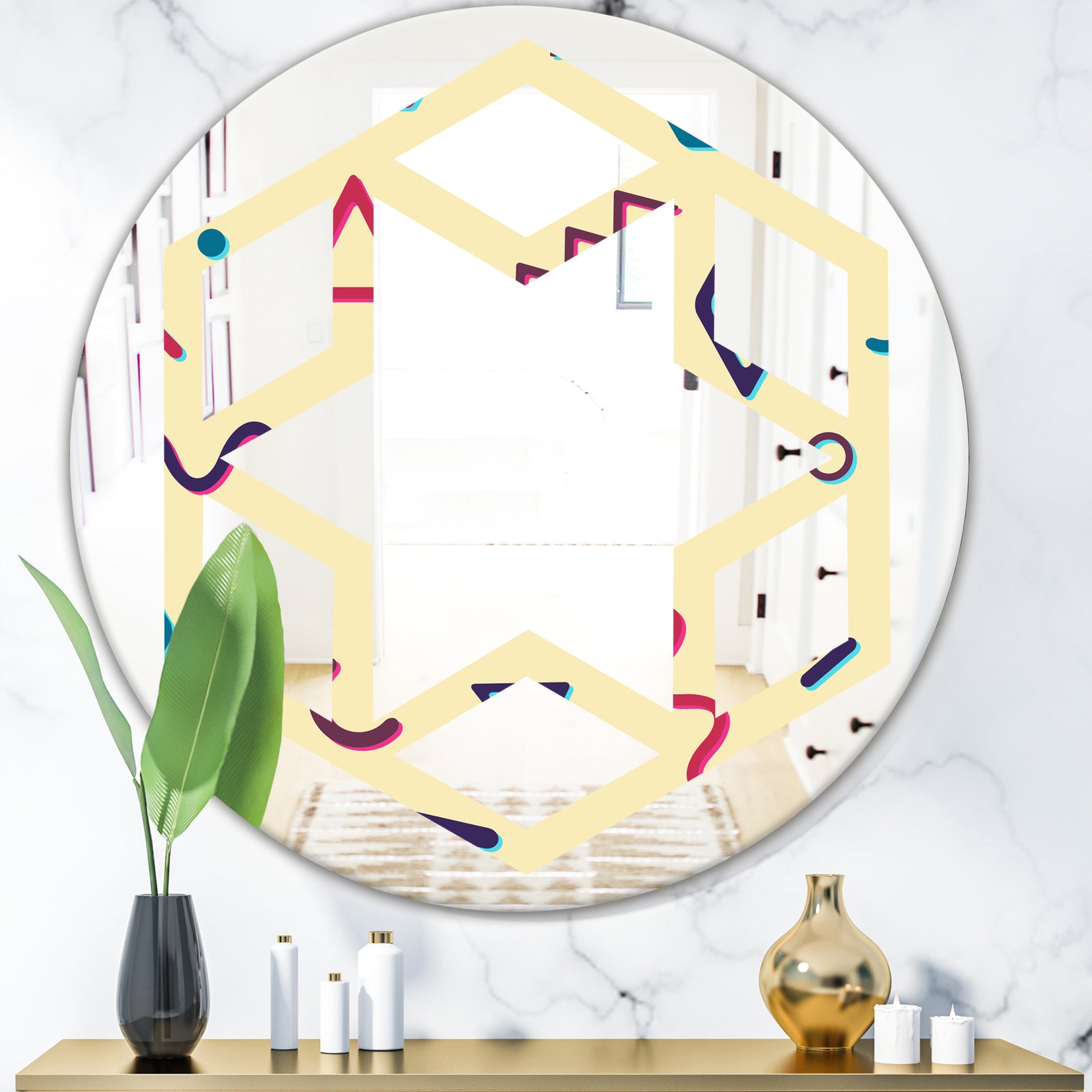 Retro Abstract Pattern Design VI - Modern Round or Oval Wall Mirror - Hexagon Star