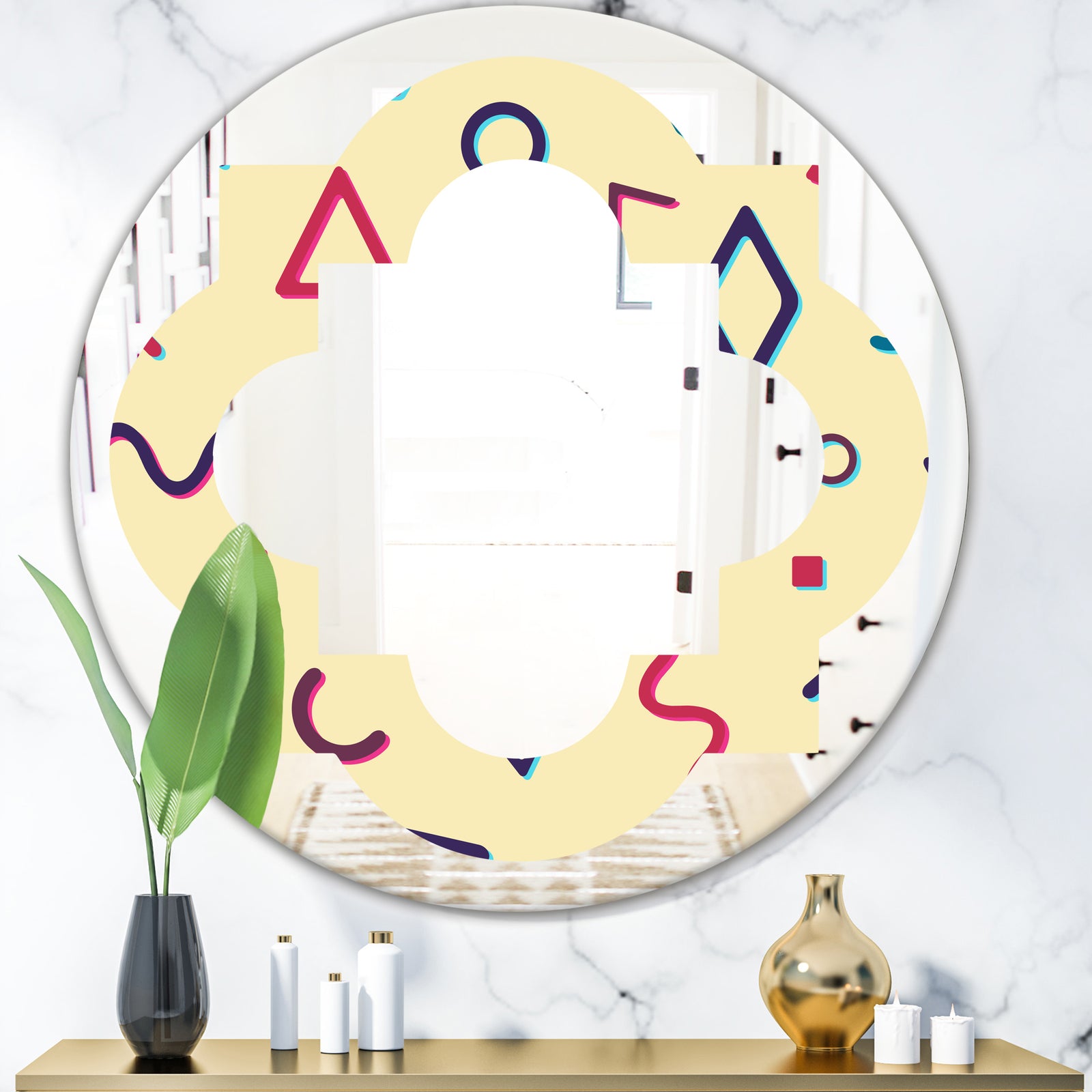 Retro Abstract Pattern Design VI - Modern Round or Oval Wall Mirror - Quatrefoil