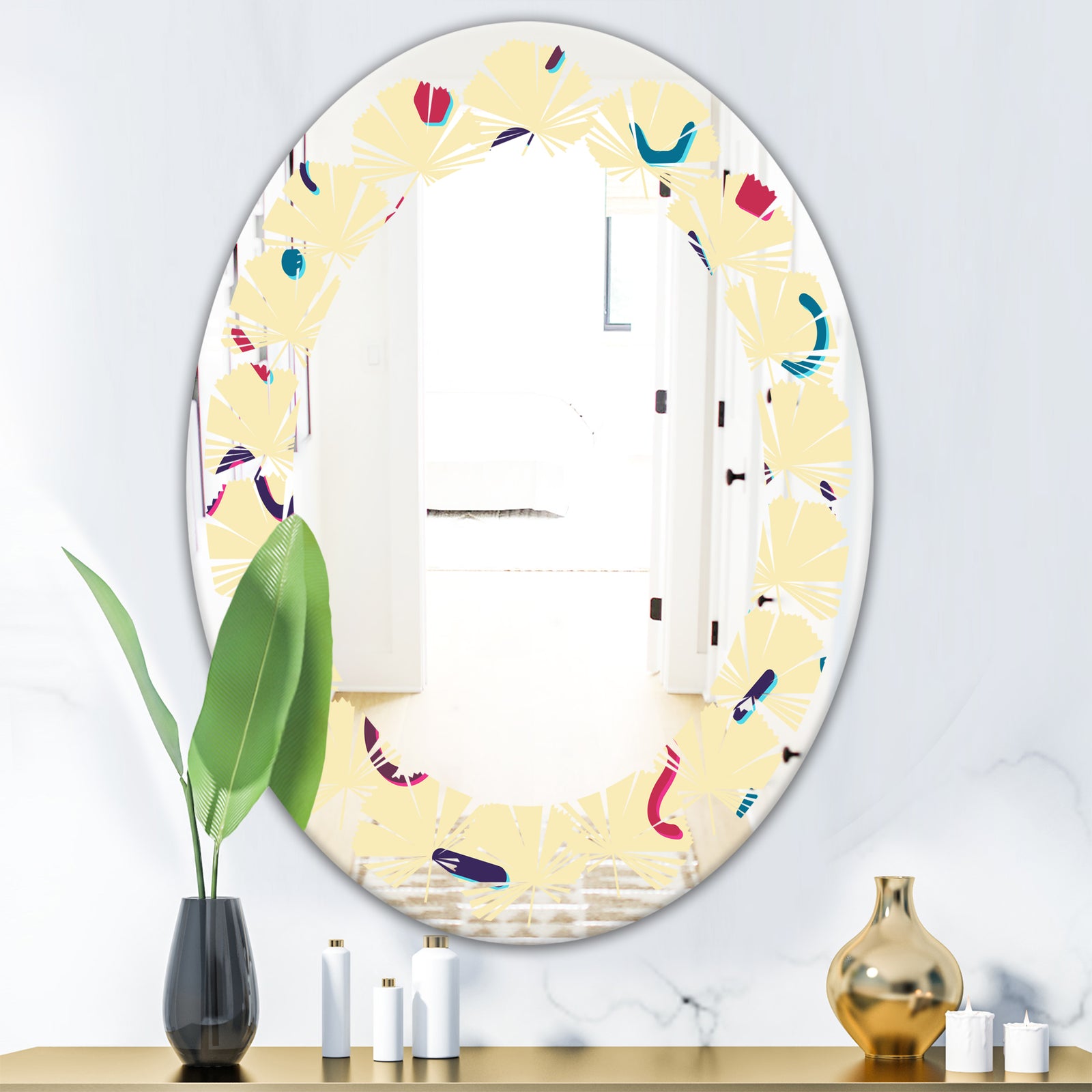 Retro Abstract Pattern Design VI - Modern Round or Oval Wall Mirror - Leaves