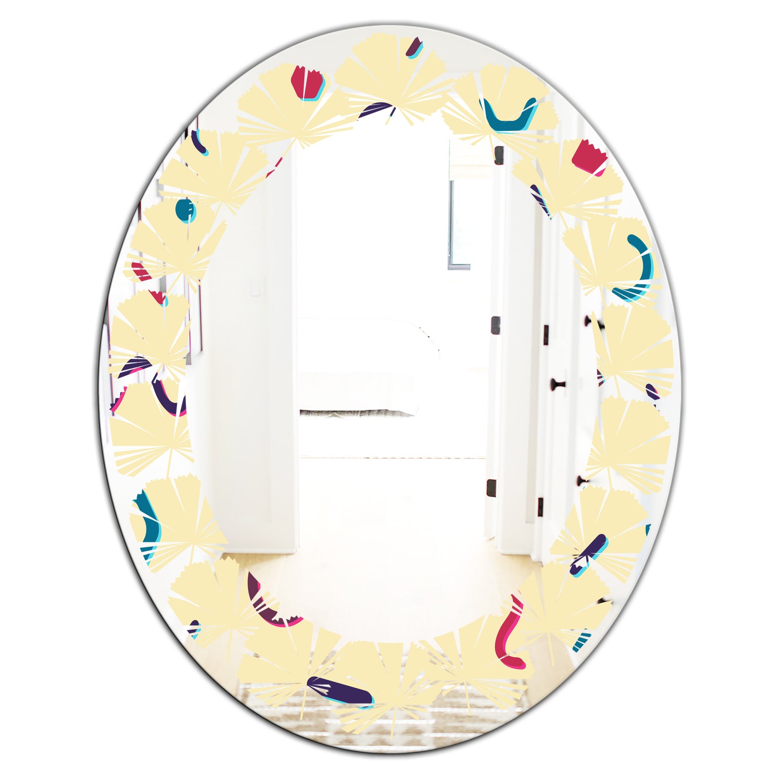 Retro Abstract Pattern Design VI - Modern Round or Oval Wall Mirror - Leaves