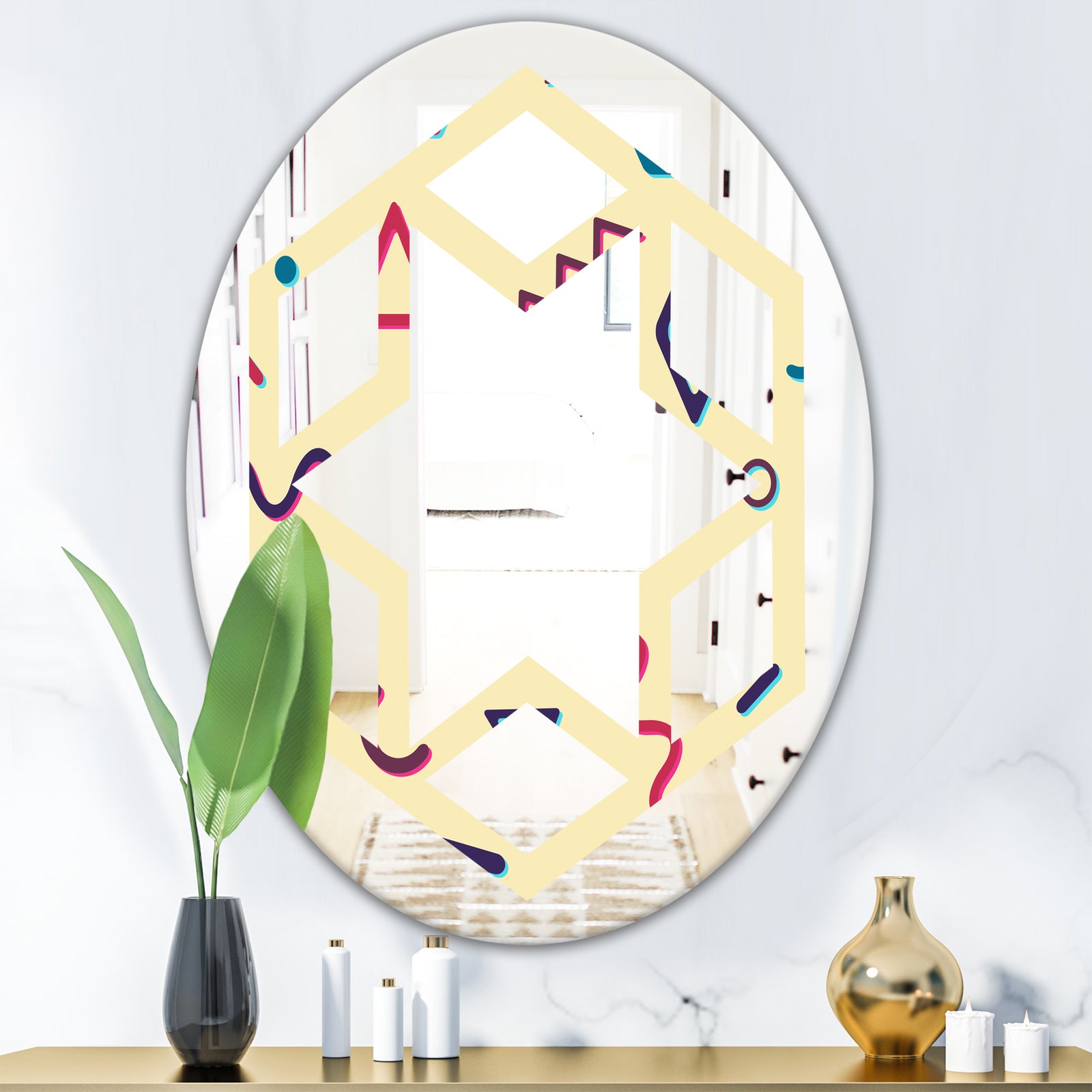 Retro Abstract Pattern Design VI - Modern Round or Oval Wall Mirror - Hexagon Star