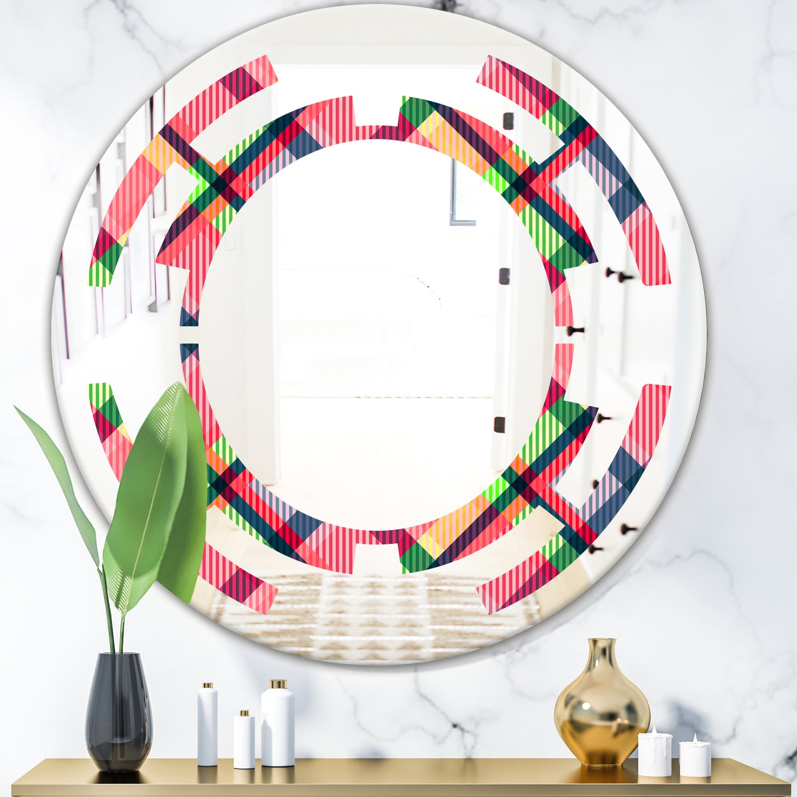 Tartan Geometrical Texture I - Modern Round or Oval Wall Mirror - Space