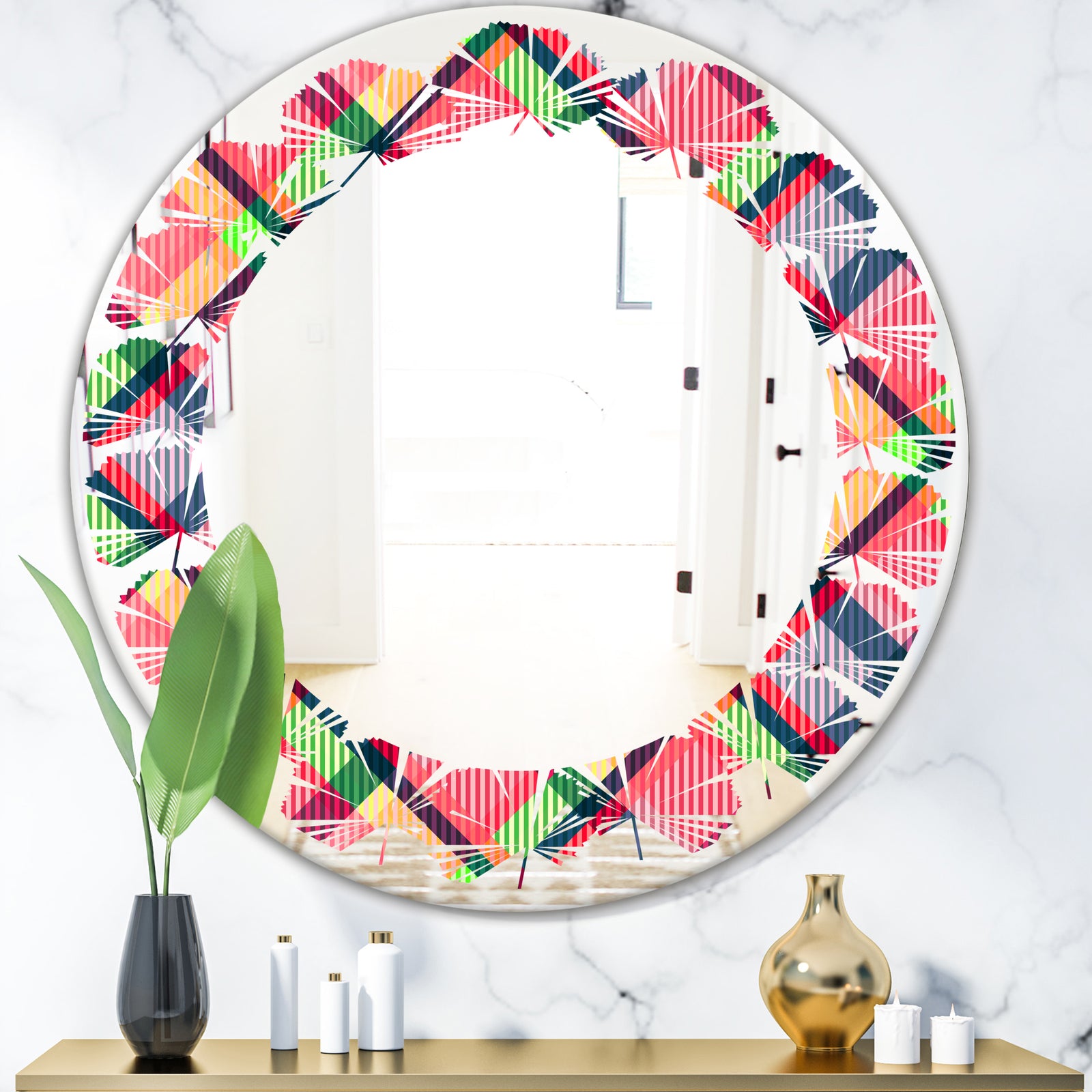 Tartan Geometrical Texture I - Modern Round or Oval Wall Mirror - Leaves